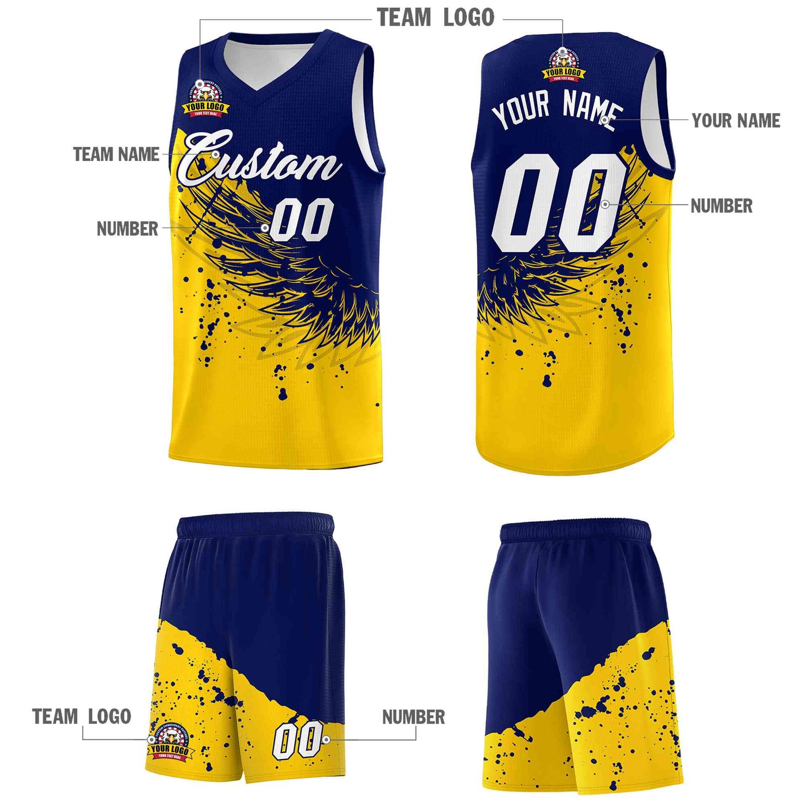 Custom Gold Navy Wing Pattern Sports Uniform Basketball Jersey