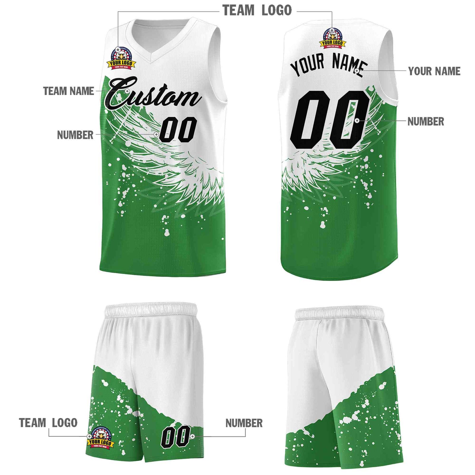 Custom Kelly Green White Wing Pattern Sports Uniform Basketball Jersey