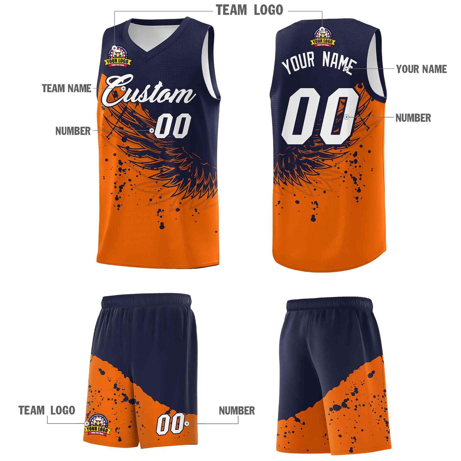 Custom Orange Navy Wing Pattern Sports Uniform Basketball Jersey| KXKSHOP