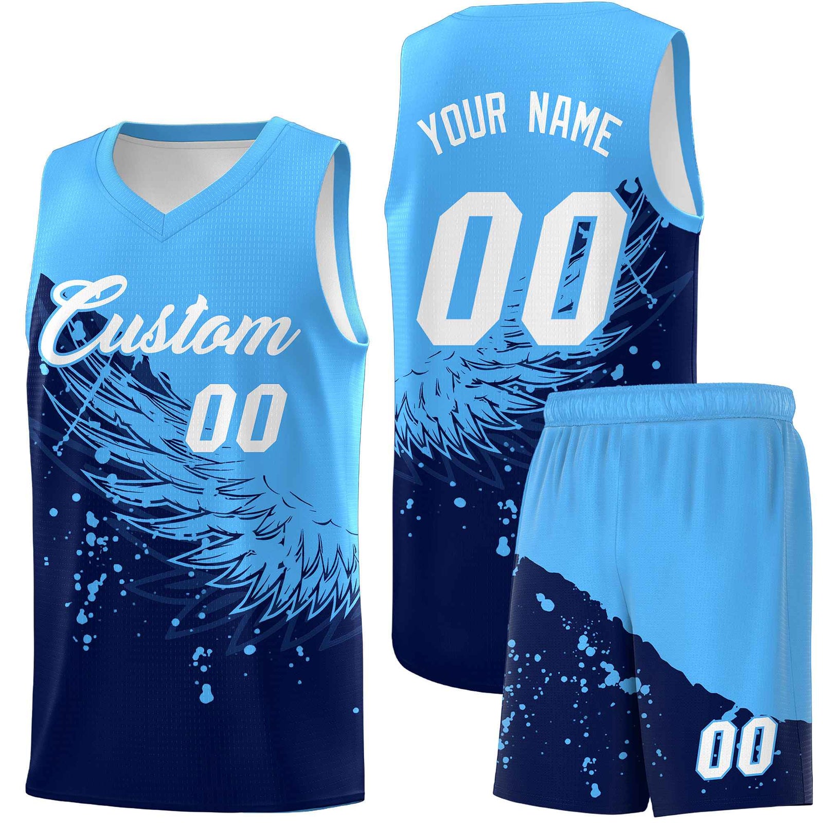 Custom Navy Powder Blue Wing Pattern Sports Uniform Basketball Jersey| KXKSHOP