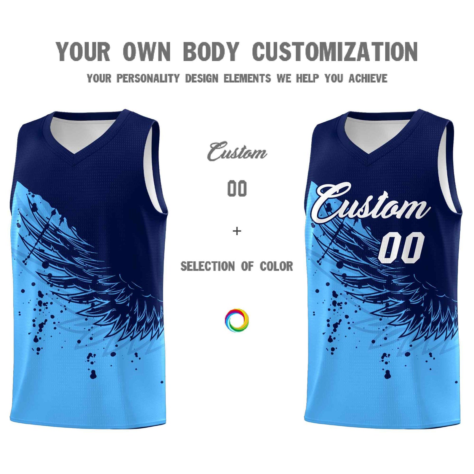 Custom Powder Blue Navy Wing Pattern Sports Uniform Basketball Jersey| KXKSHOP