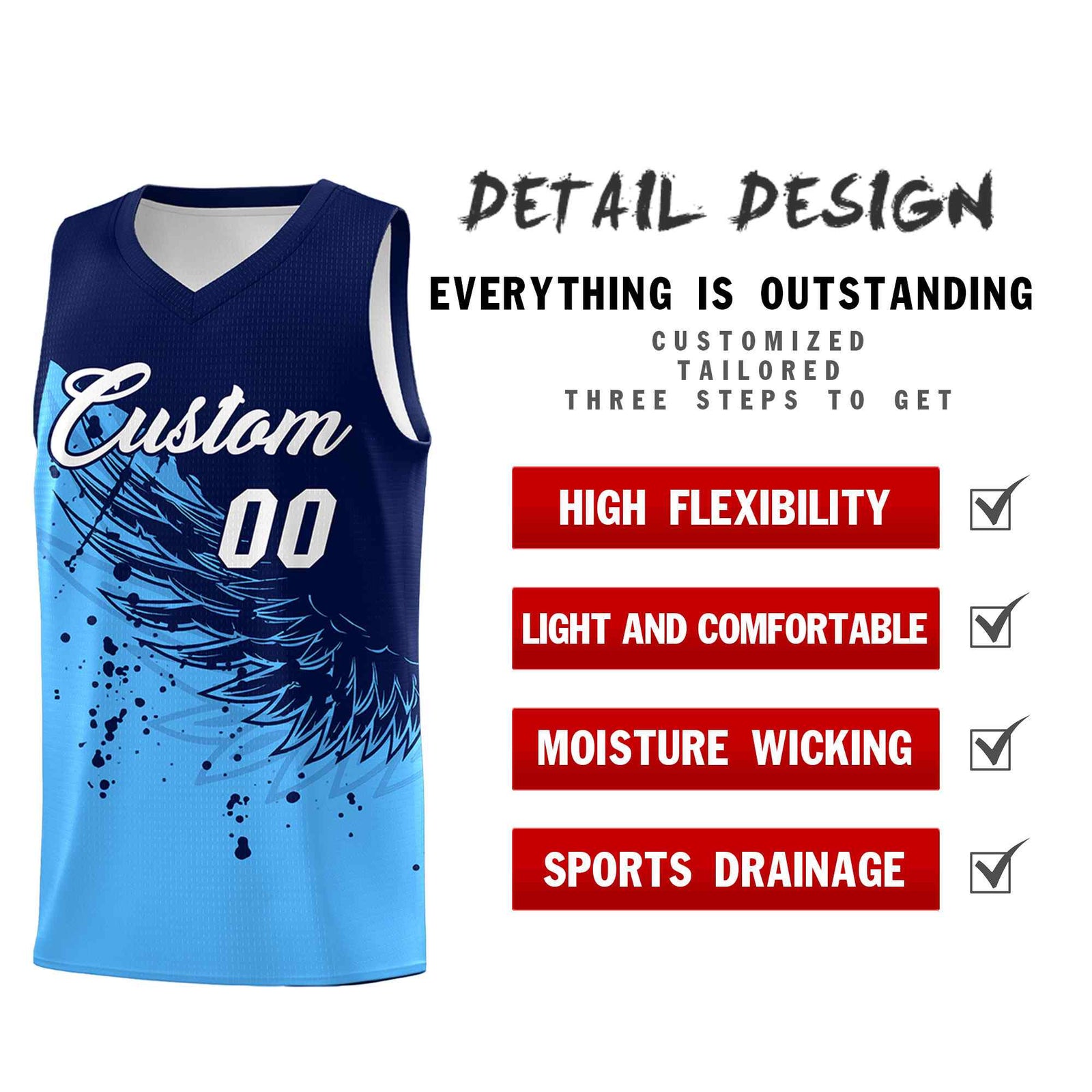 Custom Powder Blue Navy Wing Pattern Sports Uniform Basketball Jersey| KXKSHOP