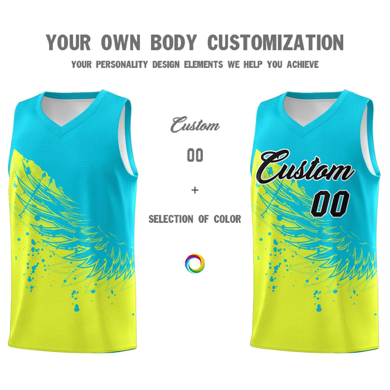 Custom Fluorescent Green Sky Blue Wing Pattern Sports Uniform Basketball Jersey| KXKSHOP