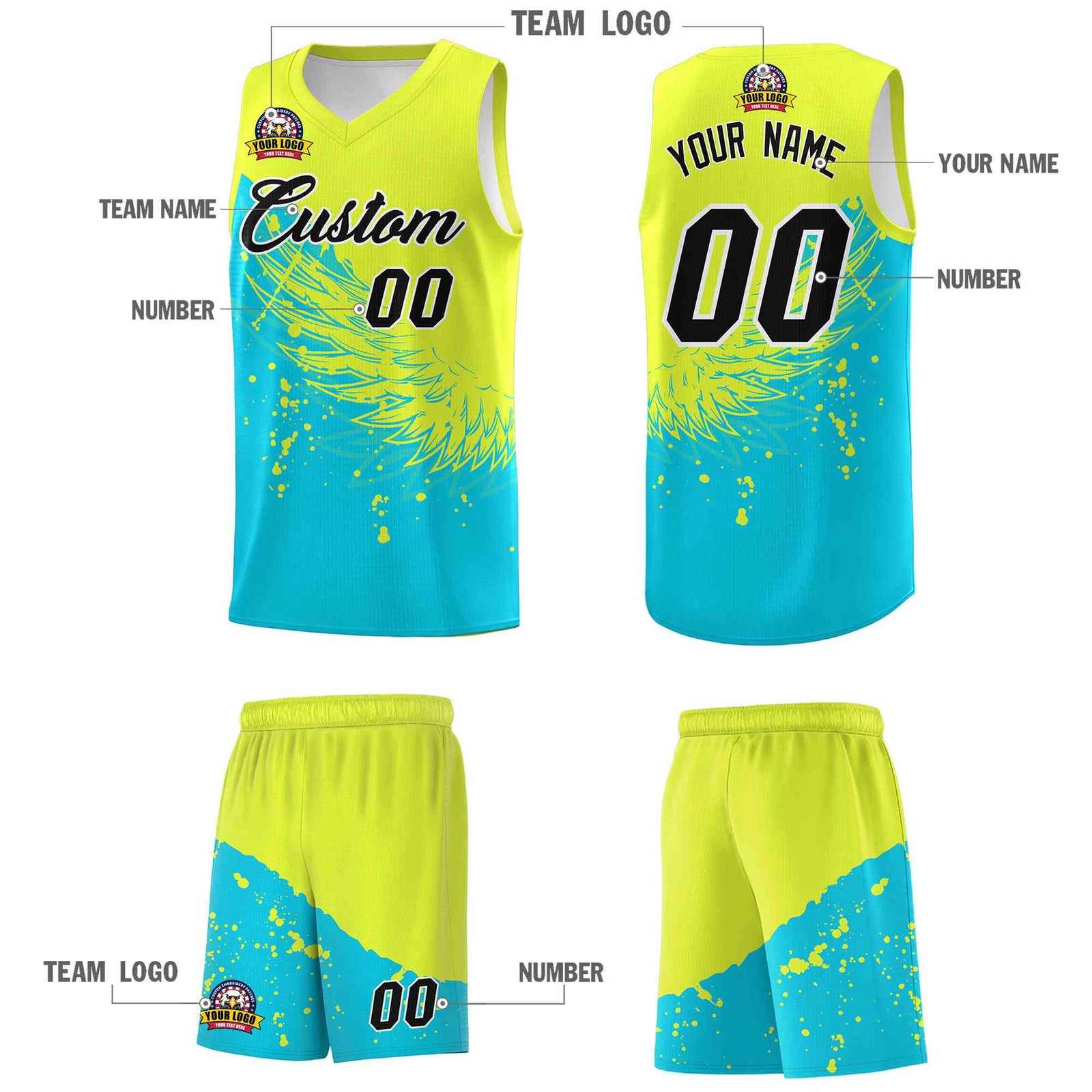 Custom Sky Blue Fluorescent Green Wing Pattern Sports Uniform Basketball Jersey