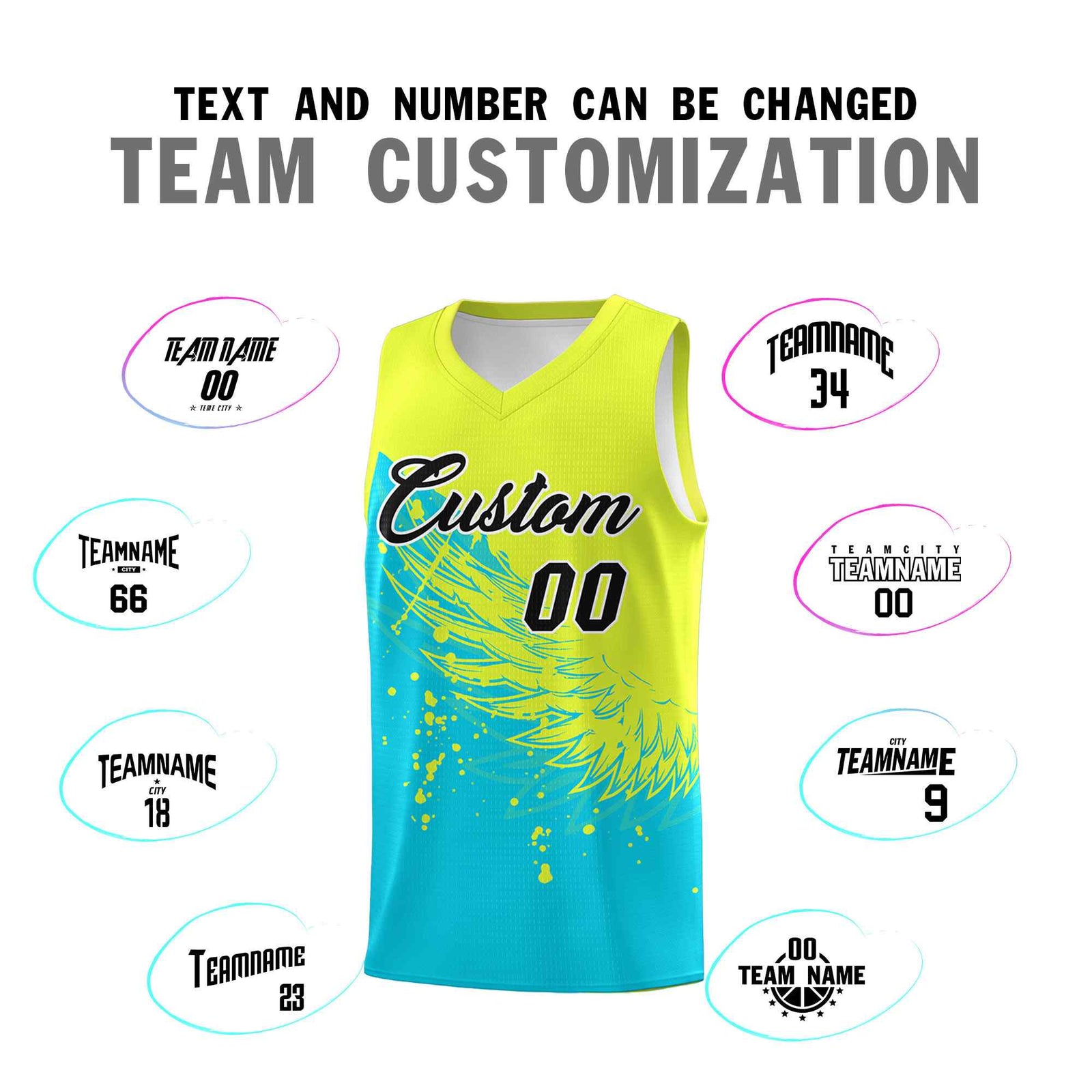 Custom Sky Blue Fluorescent Green Wing Pattern Sports Uniform Basketball Jersey| KXKSHOP