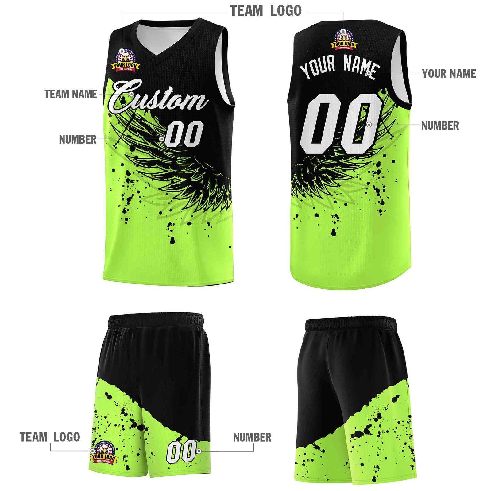 Custom Fluorescent Green Black Wing Pattern Sports Uniform Basketball Jersey| KXKSHOP