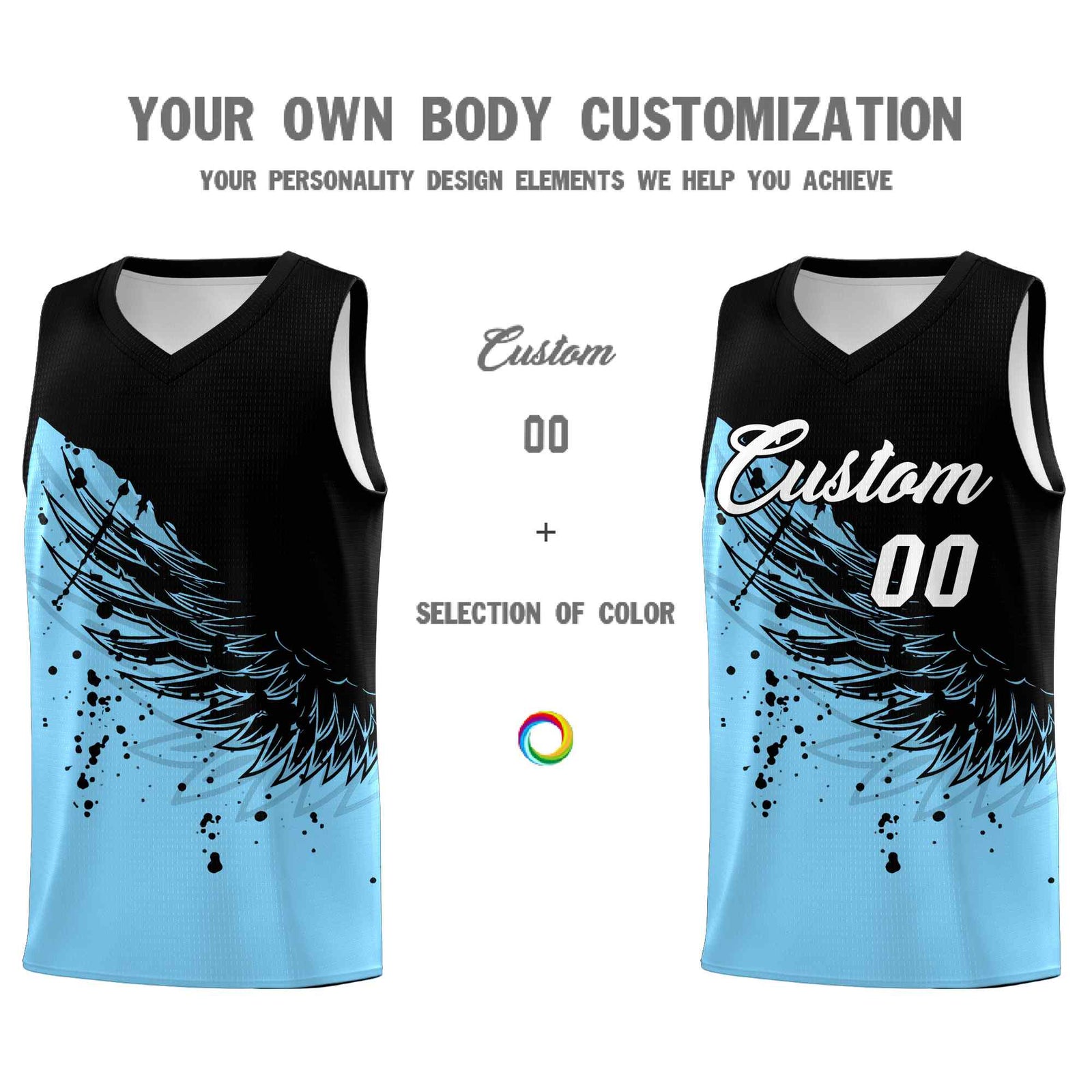 Custom Light Blue Black Wing Pattern Sports Uniform Basketball Jersey| KXKSHOP