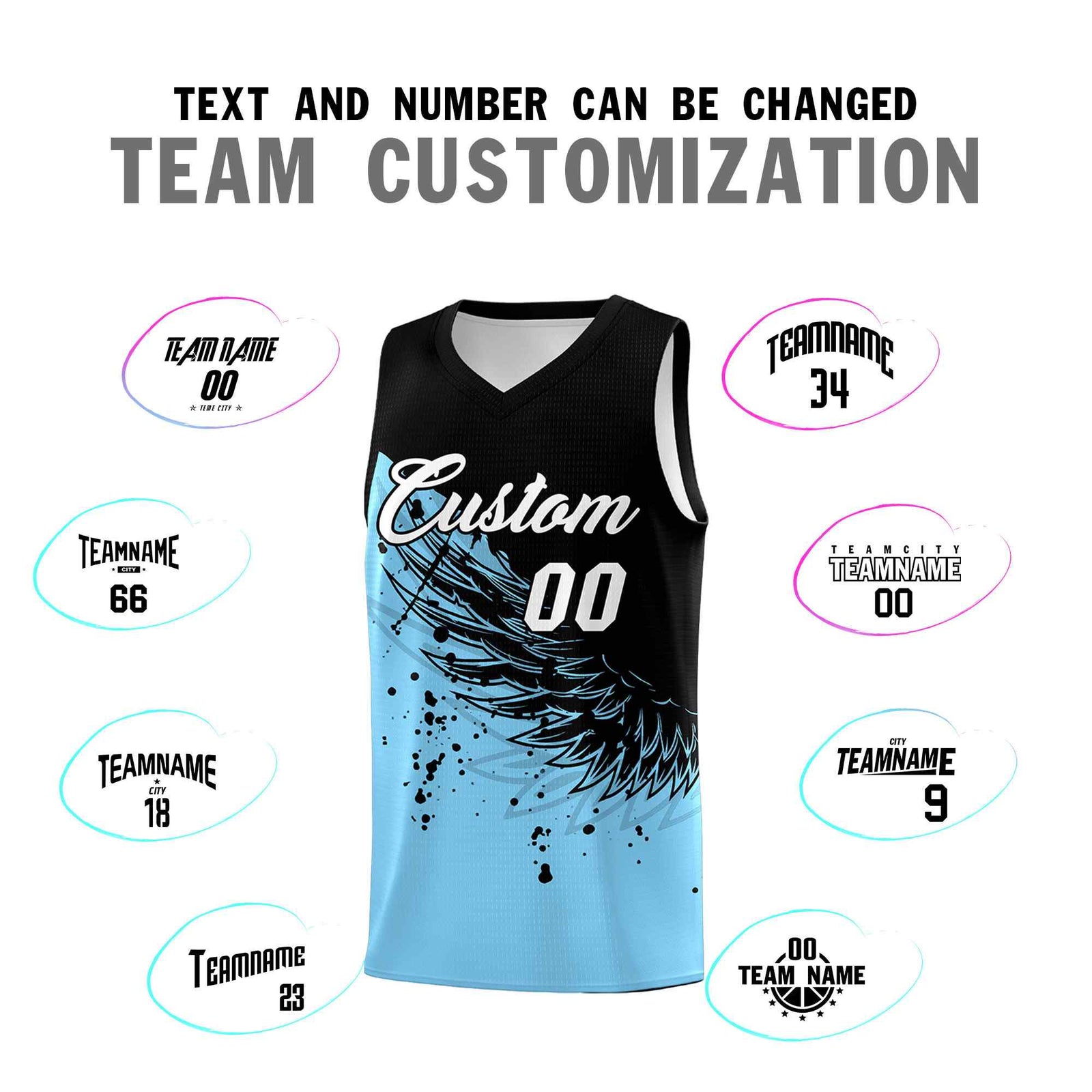 Custom Light Blue Black Wing Pattern Sports Uniform Basketball Jersey| KXKSHOP