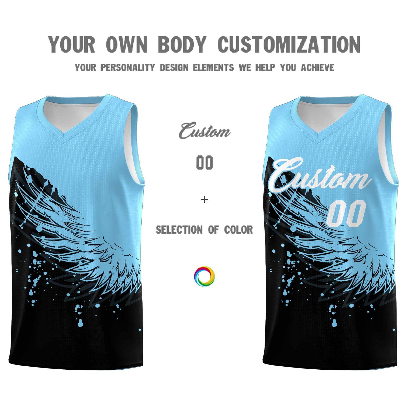 Custom Black Light Blue Wing Pattern Sports Uniform Basketball Jersey| KXKSHOP