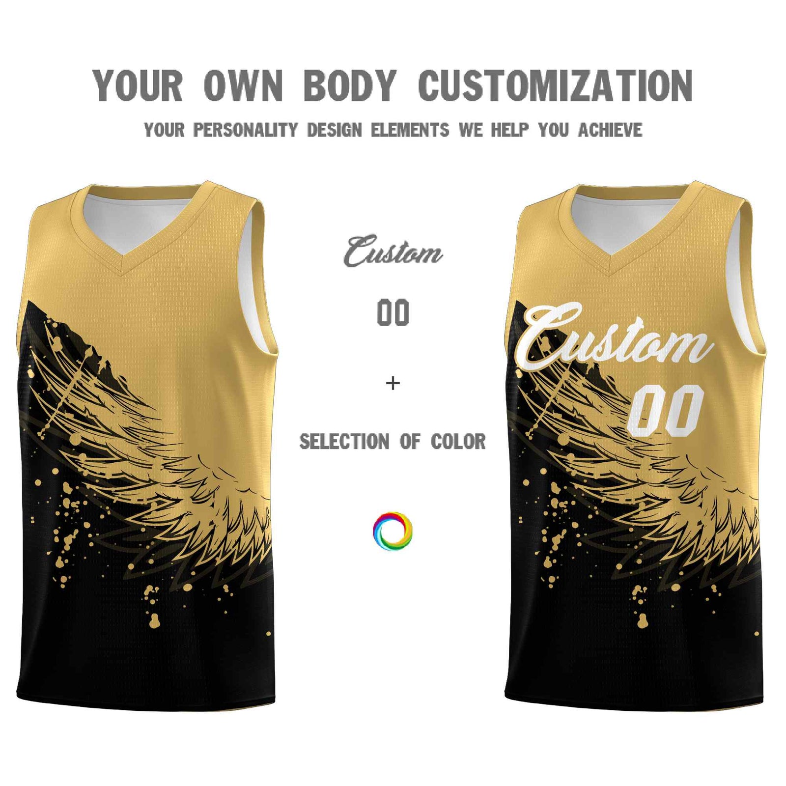 Custom Black Old Gold Wing Pattern Sports Uniform Basketball Jersey| KXKSHOP