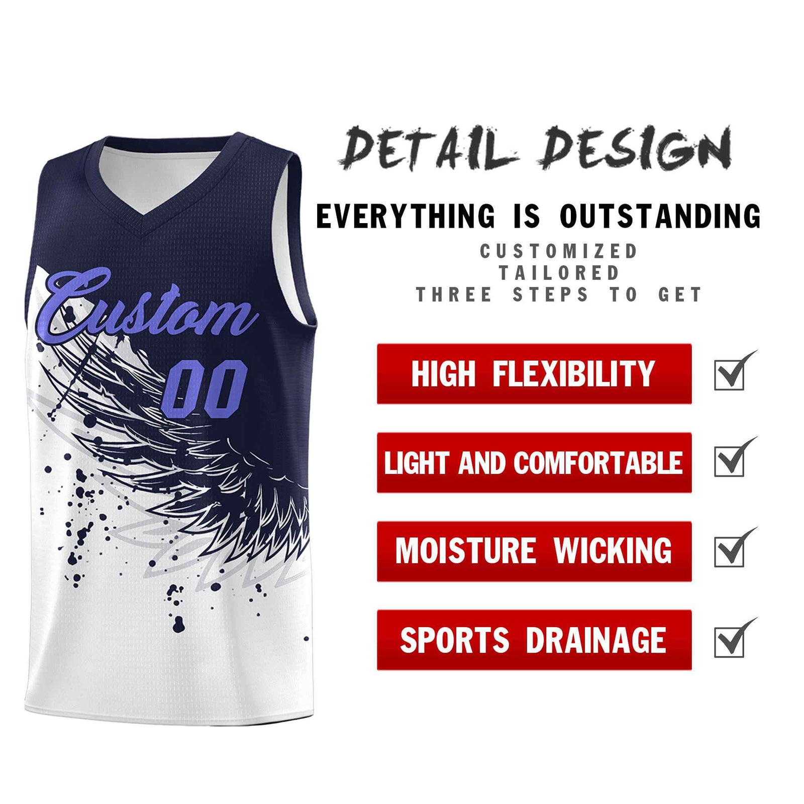 Custom White Navy Wing Pattern Sports Uniform Basketball Jersey| KXKSHOP