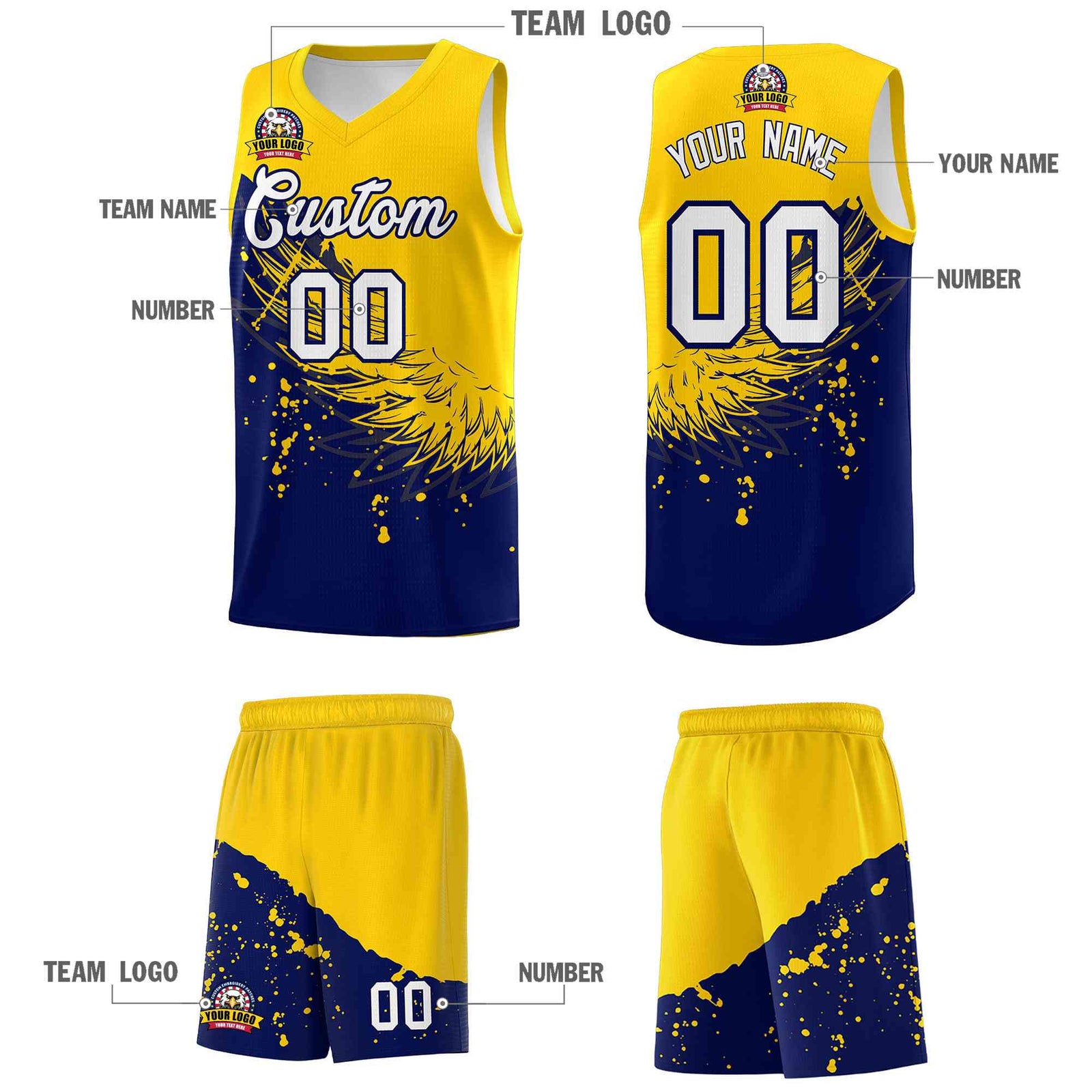 Custom Navy Gold Wing Pattern Sports Uniform Basketball Jersey