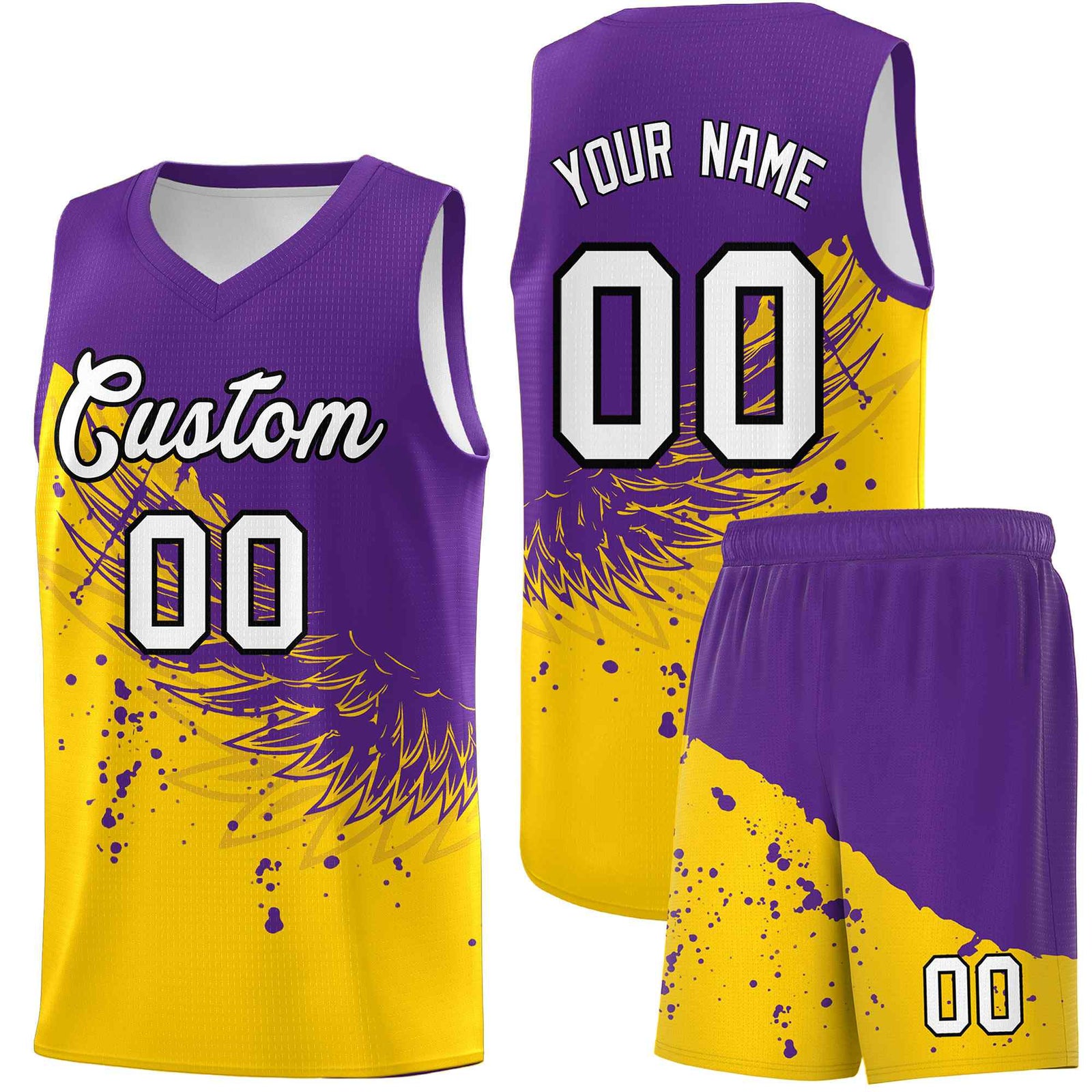 Custom Gold Purple Wing Pattern Sports Uniform Basketball Jersey