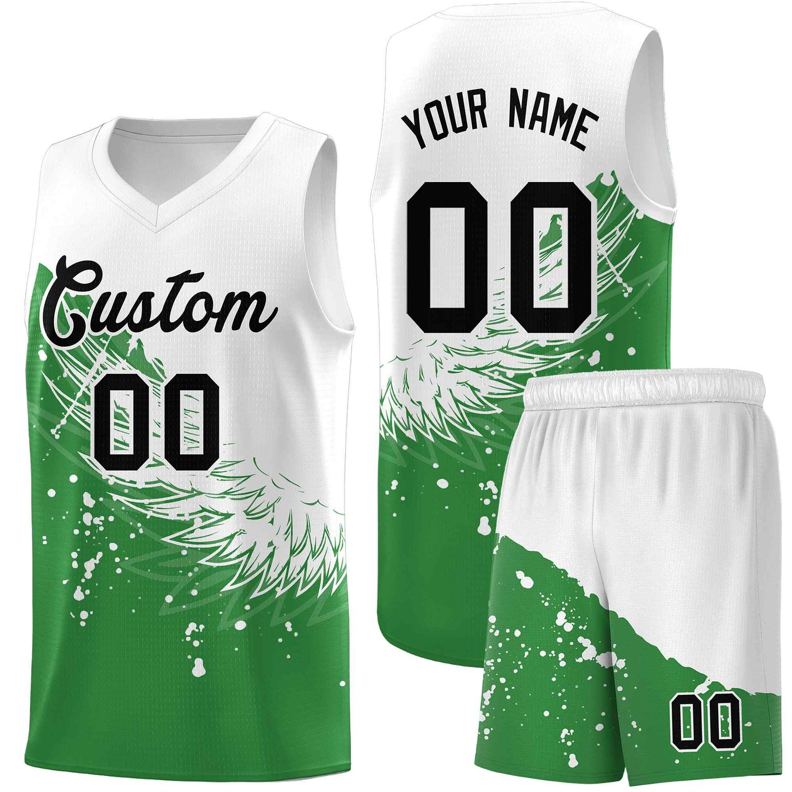 Custom Kelly Green White Wing Pattern Sports Uniform Basketball Jersey