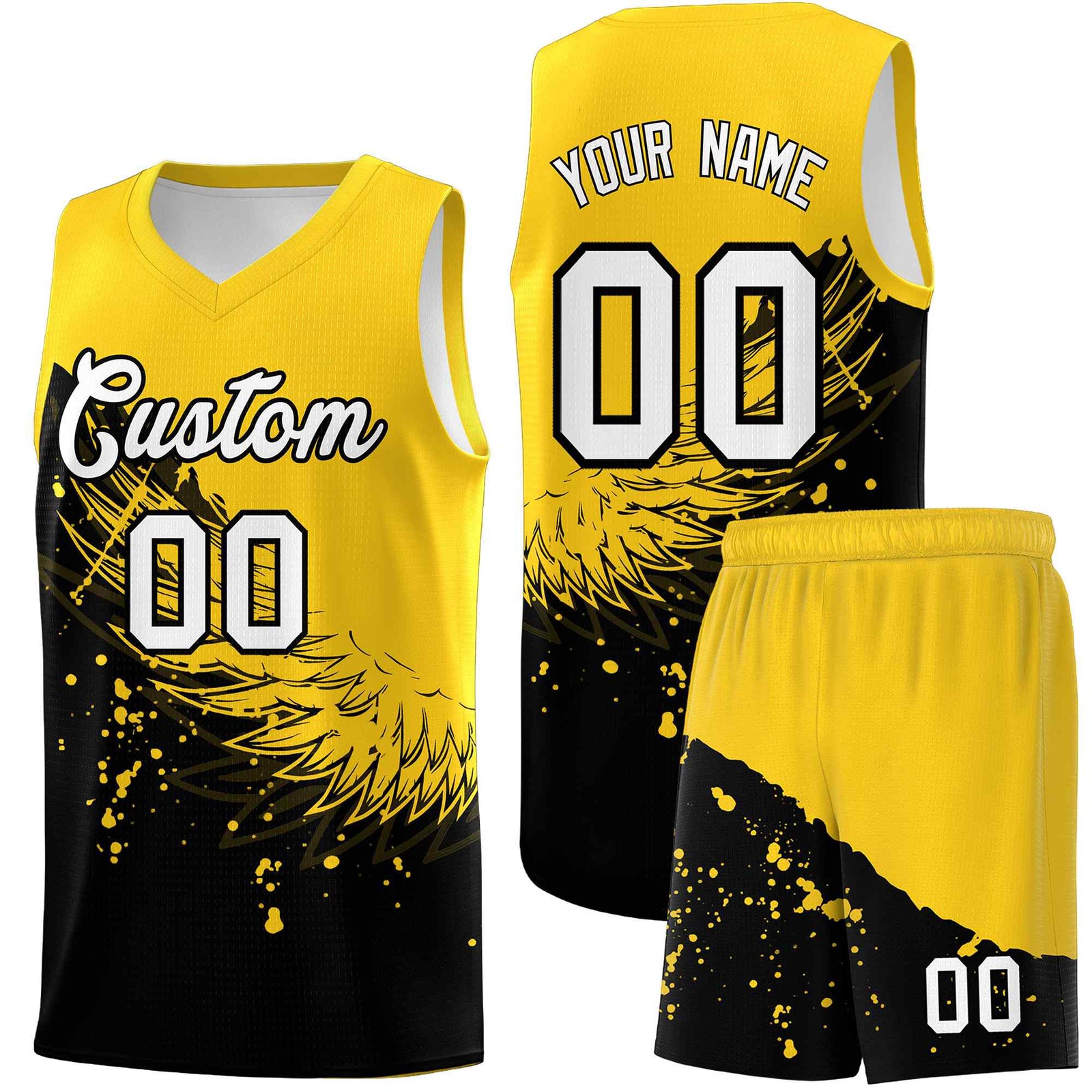 Custom Black Gold Wing Pattern Sports Uniform Basketball Jersey