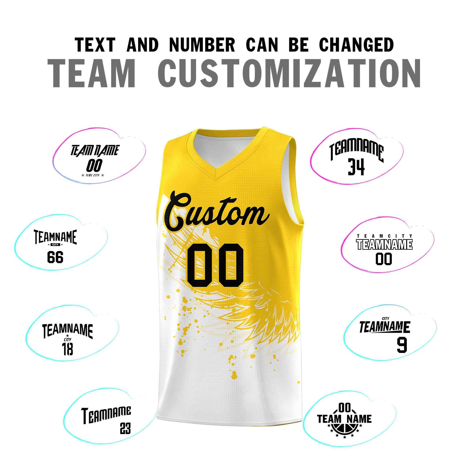 Custom White Gold Wing Pattern Sports Uniform Basketball Jersey
