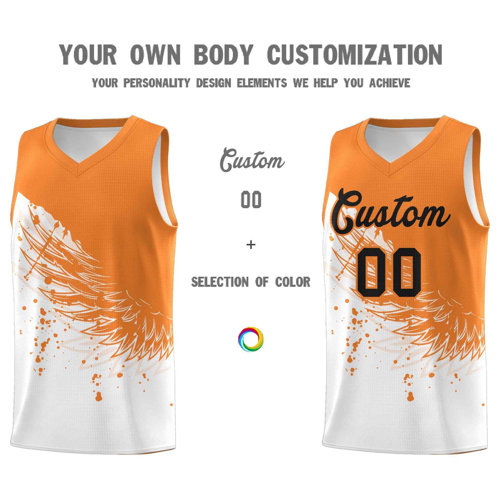Custom White Gold Orange Wing Pattern Sports Uniform Basketball Jersey