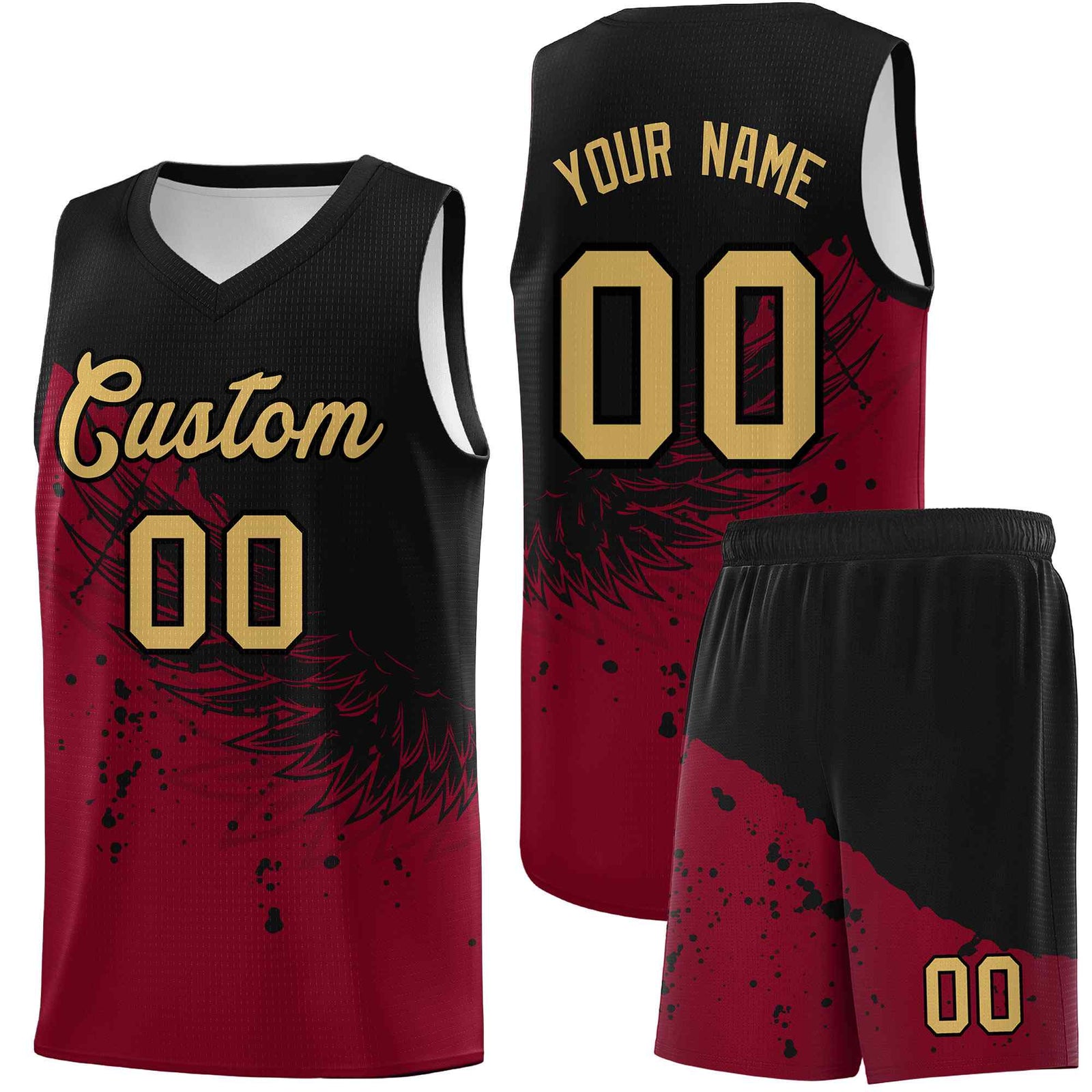 Custom Crimson Black Wing Pattern Sports Uniform Basketball Jersey