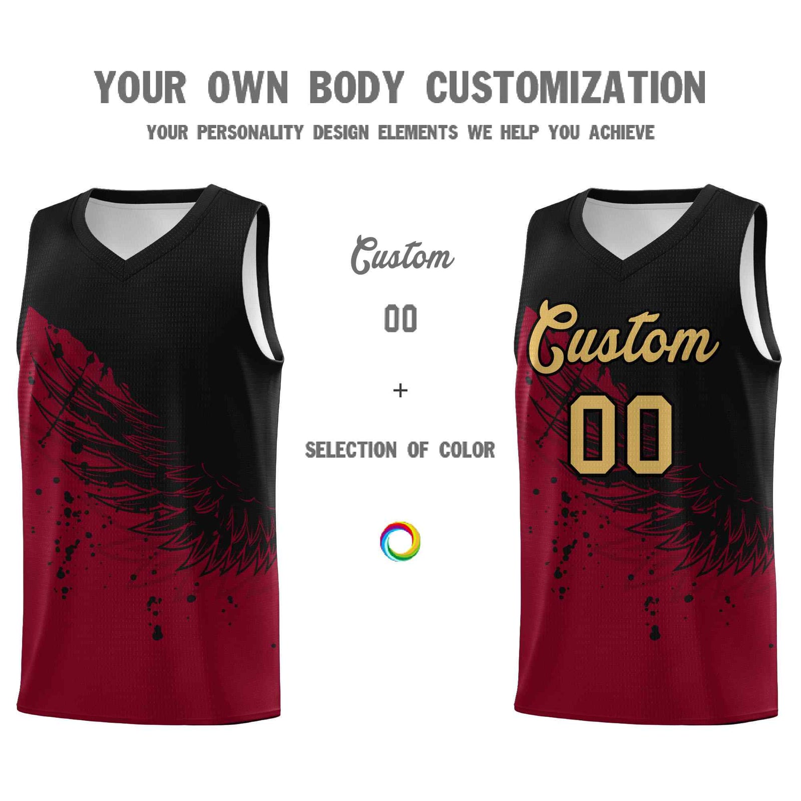 Custom Crimson Black Wing Pattern Sports Uniform Basketball Jersey
