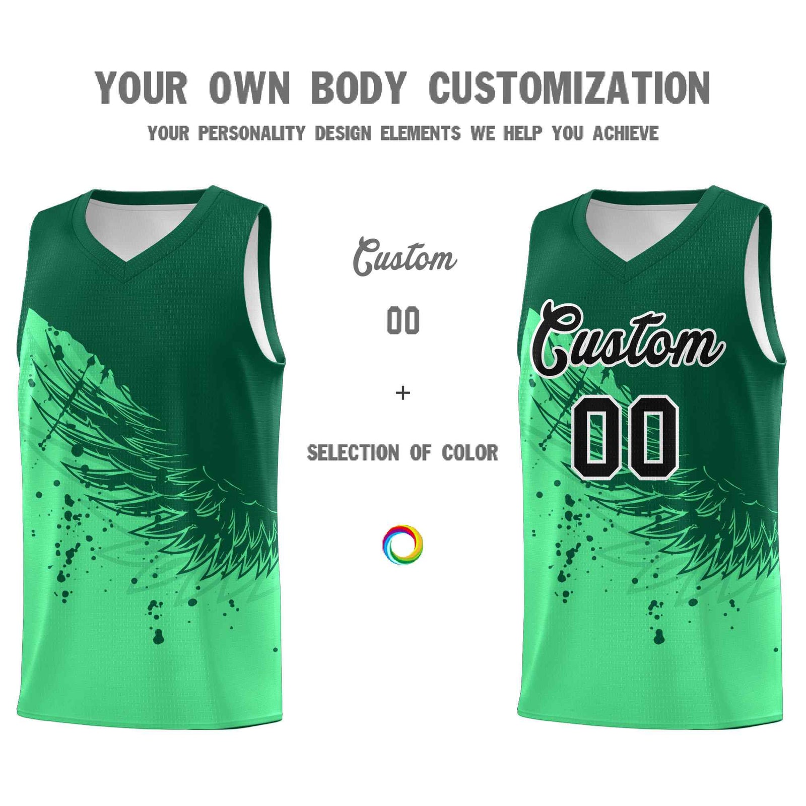 Custom Green Kelly Green Wing Pattern Sports Uniform Basketball Jersey