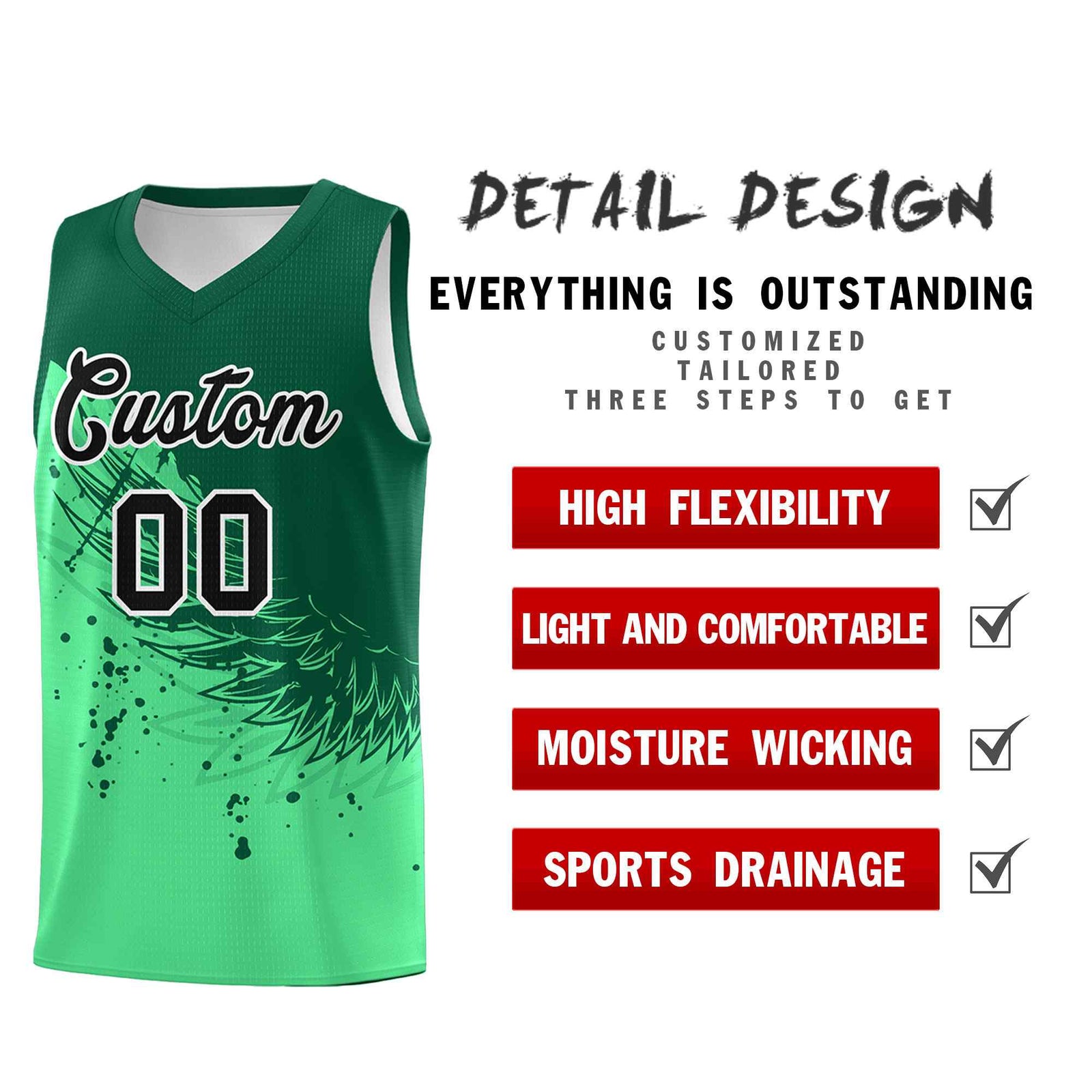 Custom Green Kelly Green Wing Pattern Sports Uniform Basketball Jersey