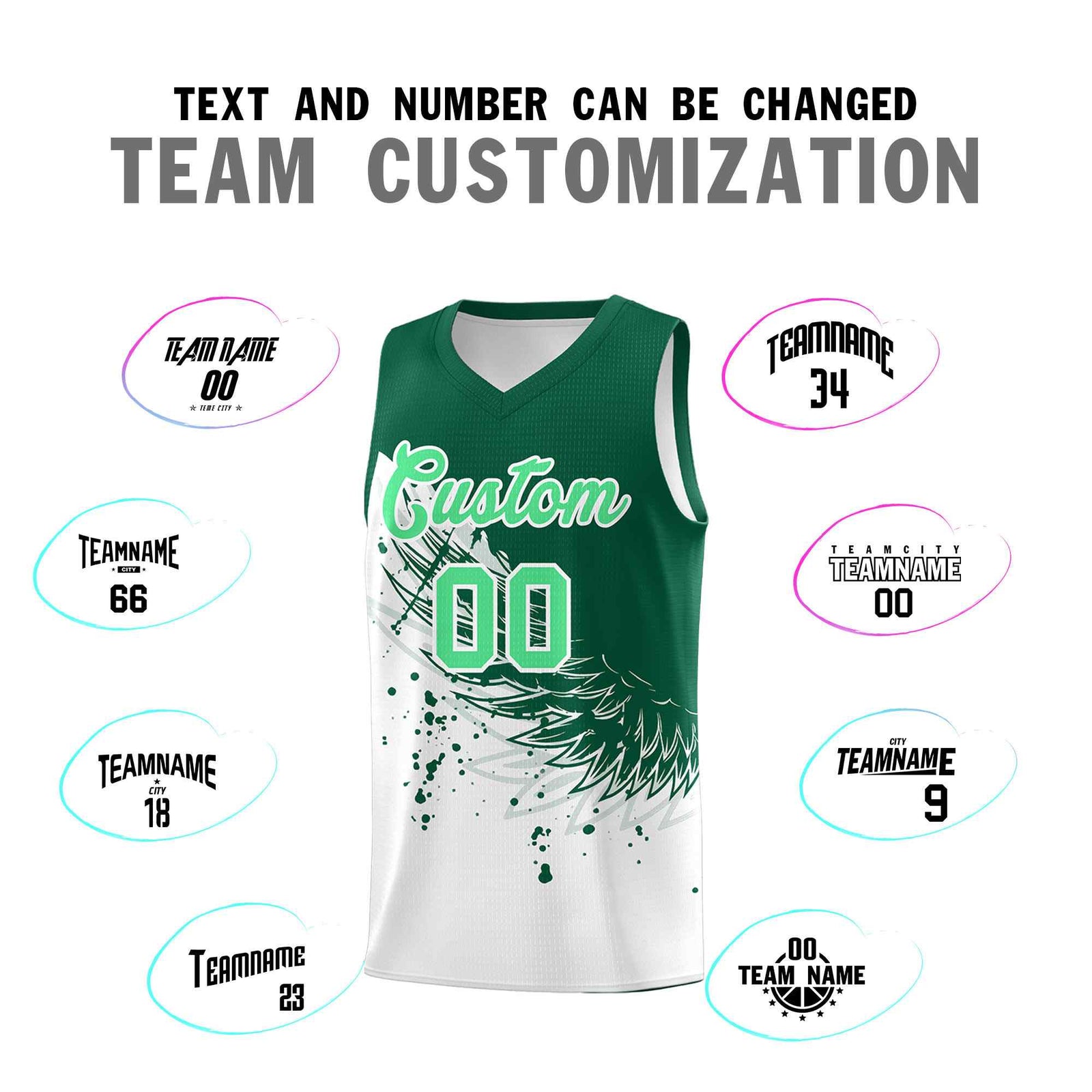 Custom White Kelly Green Wing Pattern Sports Uniform Basketball Jersey