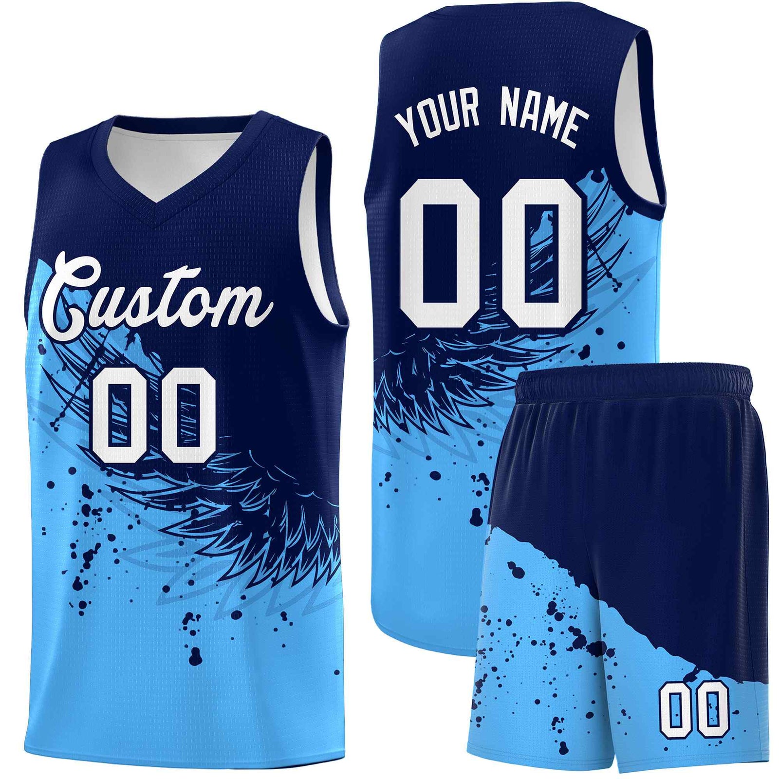 Custom Powder Blue Navy Wing Pattern Sports Uniform Basketball Jersey