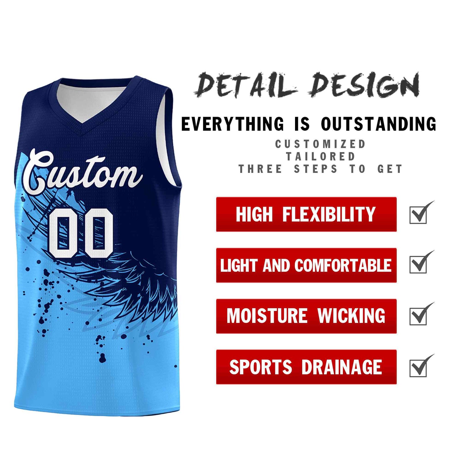 Custom Powder Blue Navy Wing Pattern Sports Uniform Basketball Jersey