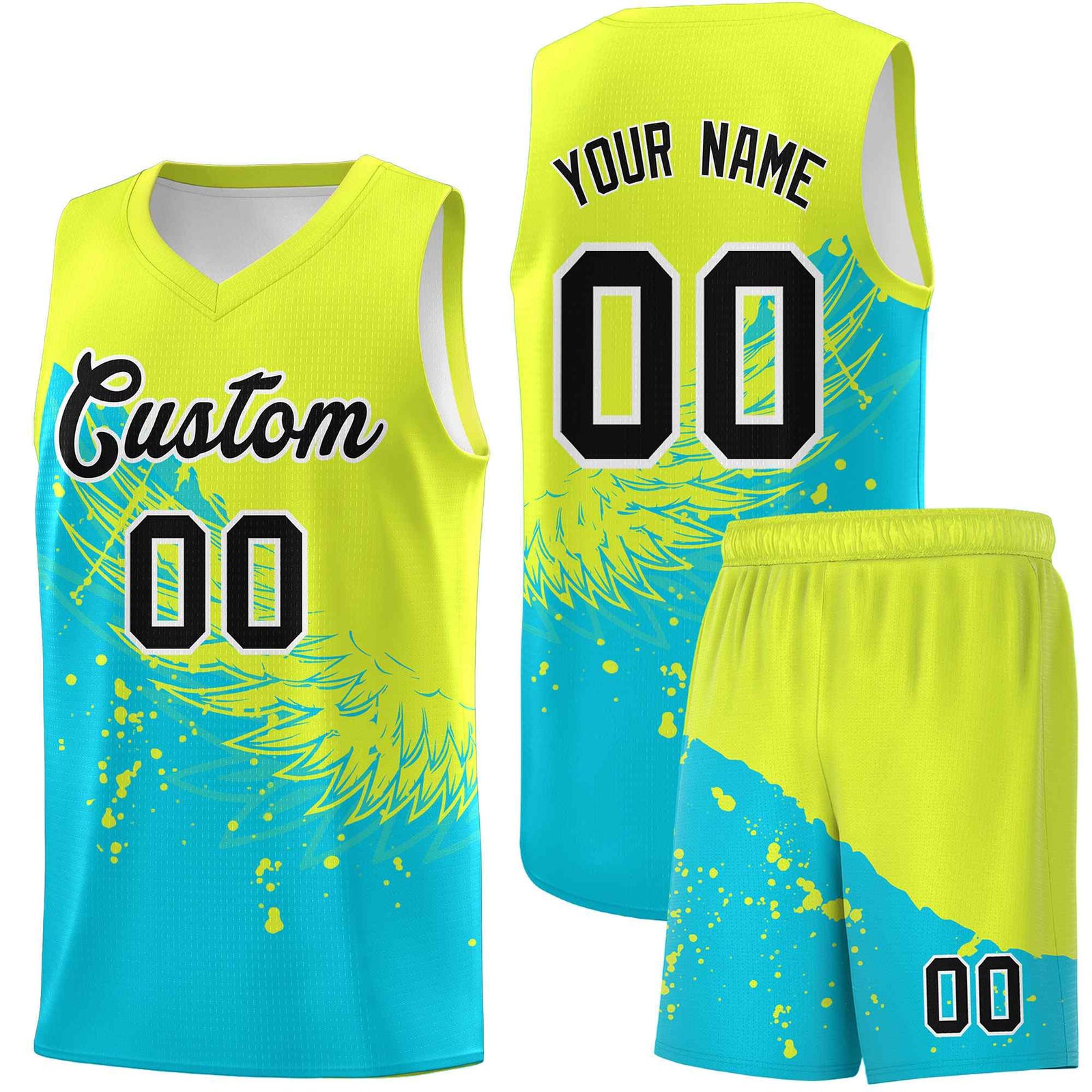 Custom Sky Blue Fluorescent Green Wing Pattern Sports Uniform Basketball Jersey