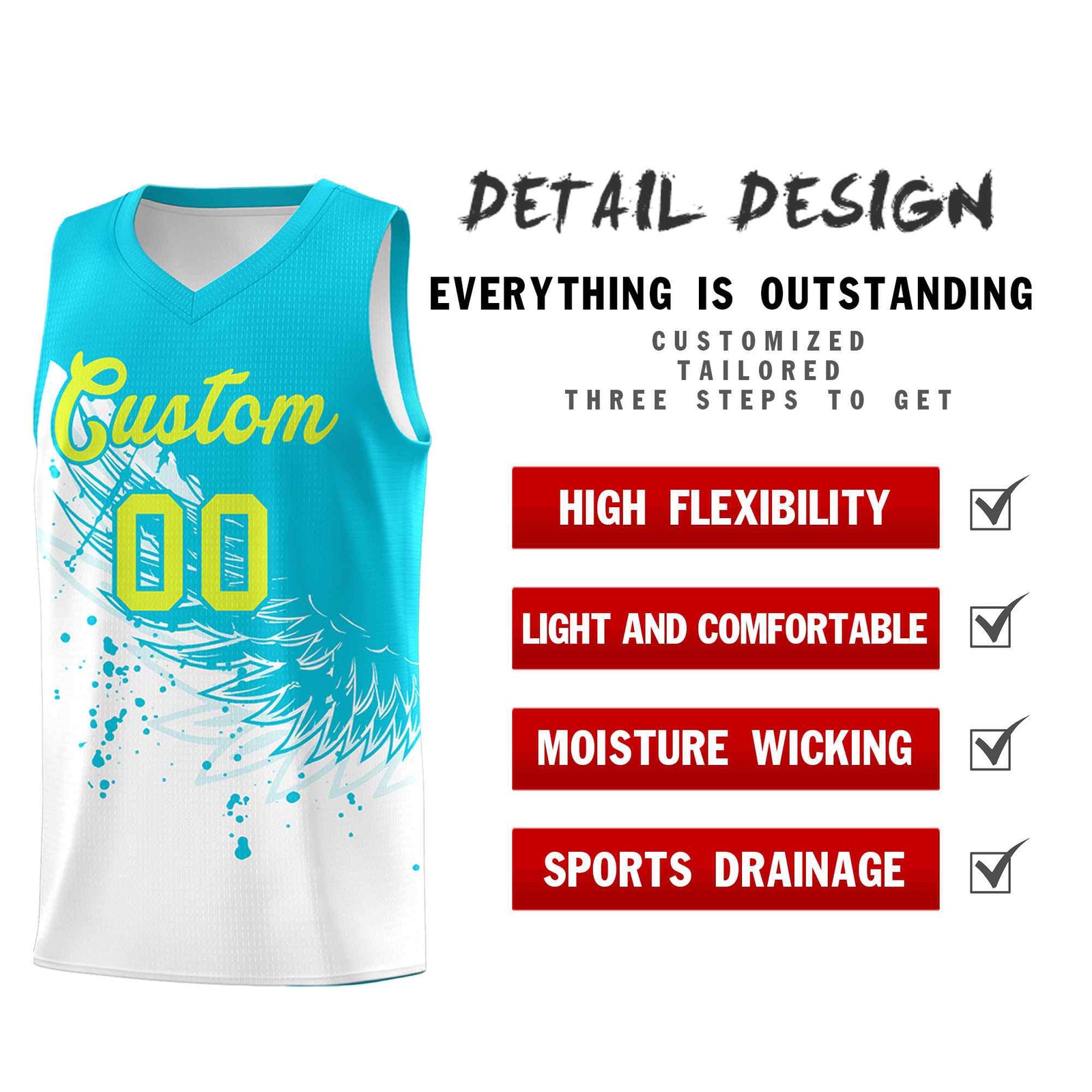 Custom White Sky Blue Wing Pattern Sports Uniform Basketball Jersey