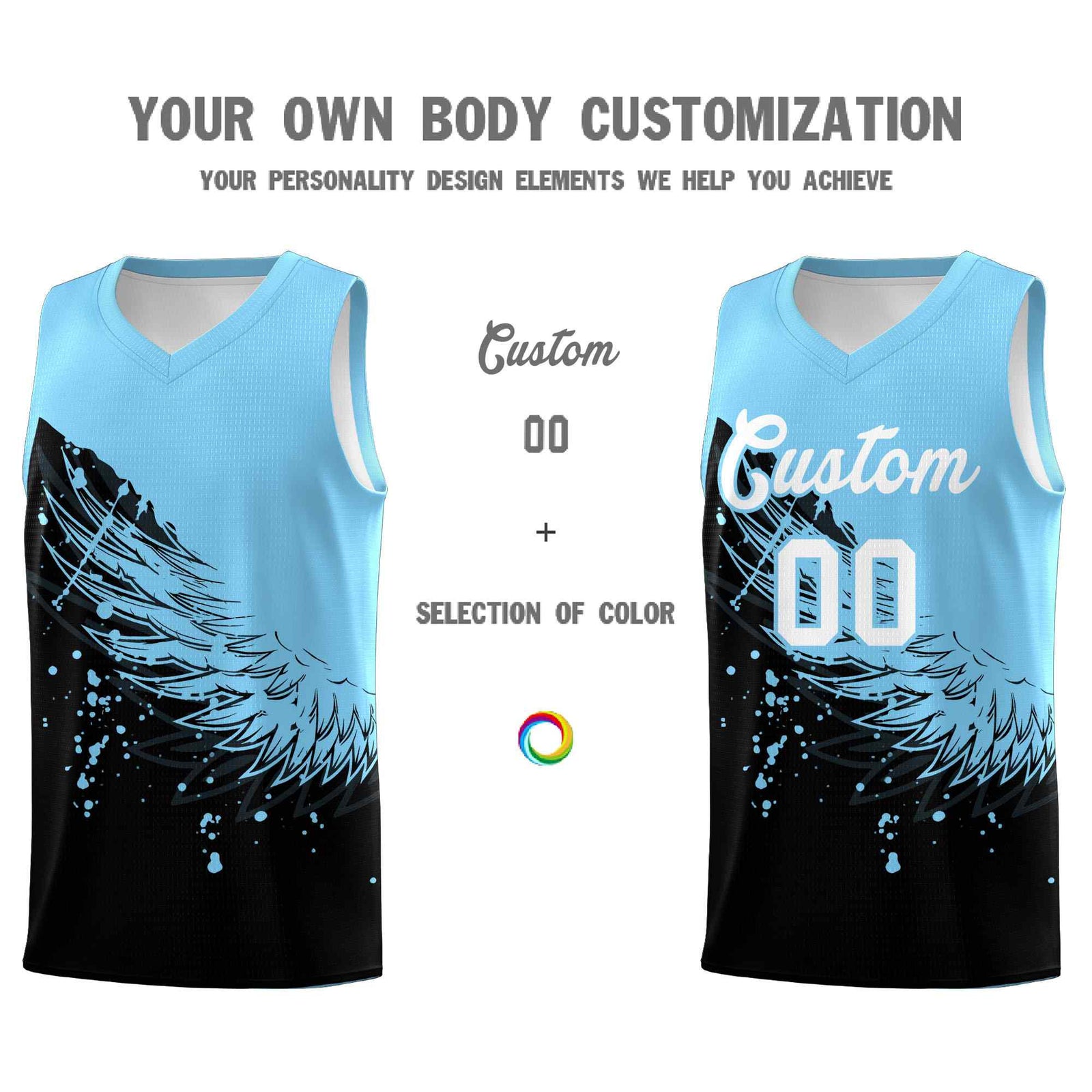 Custom Black Light Blue Wing Pattern Sports Uniform Basketball Jersey
