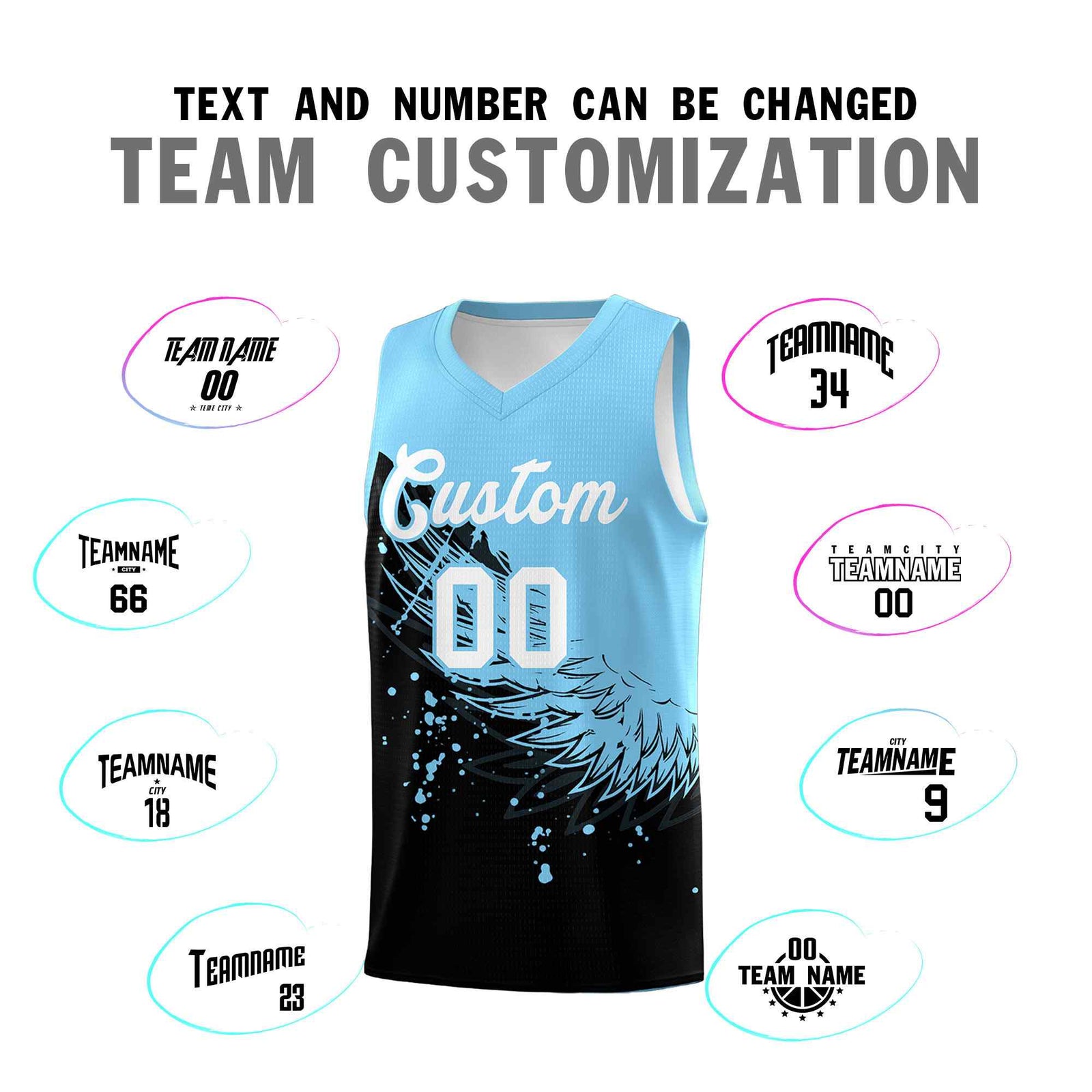 Custom Black Light Blue Wing Pattern Sports Uniform Basketball Jersey