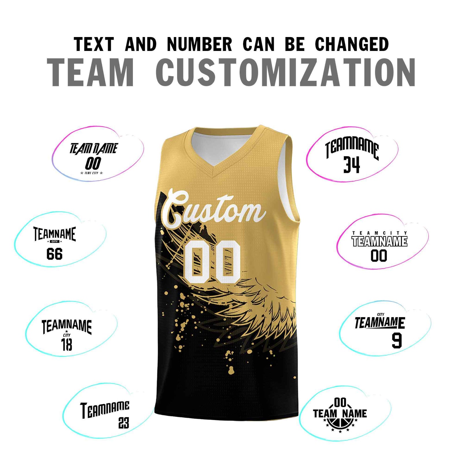Custom Black Old Gold Wing Pattern Sports Uniform Basketball Jersey