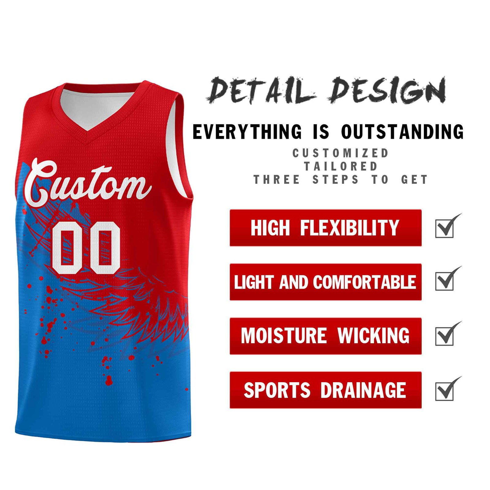 Custom Royal Red Wing Pattern Sports Uniform Basketball Jersey