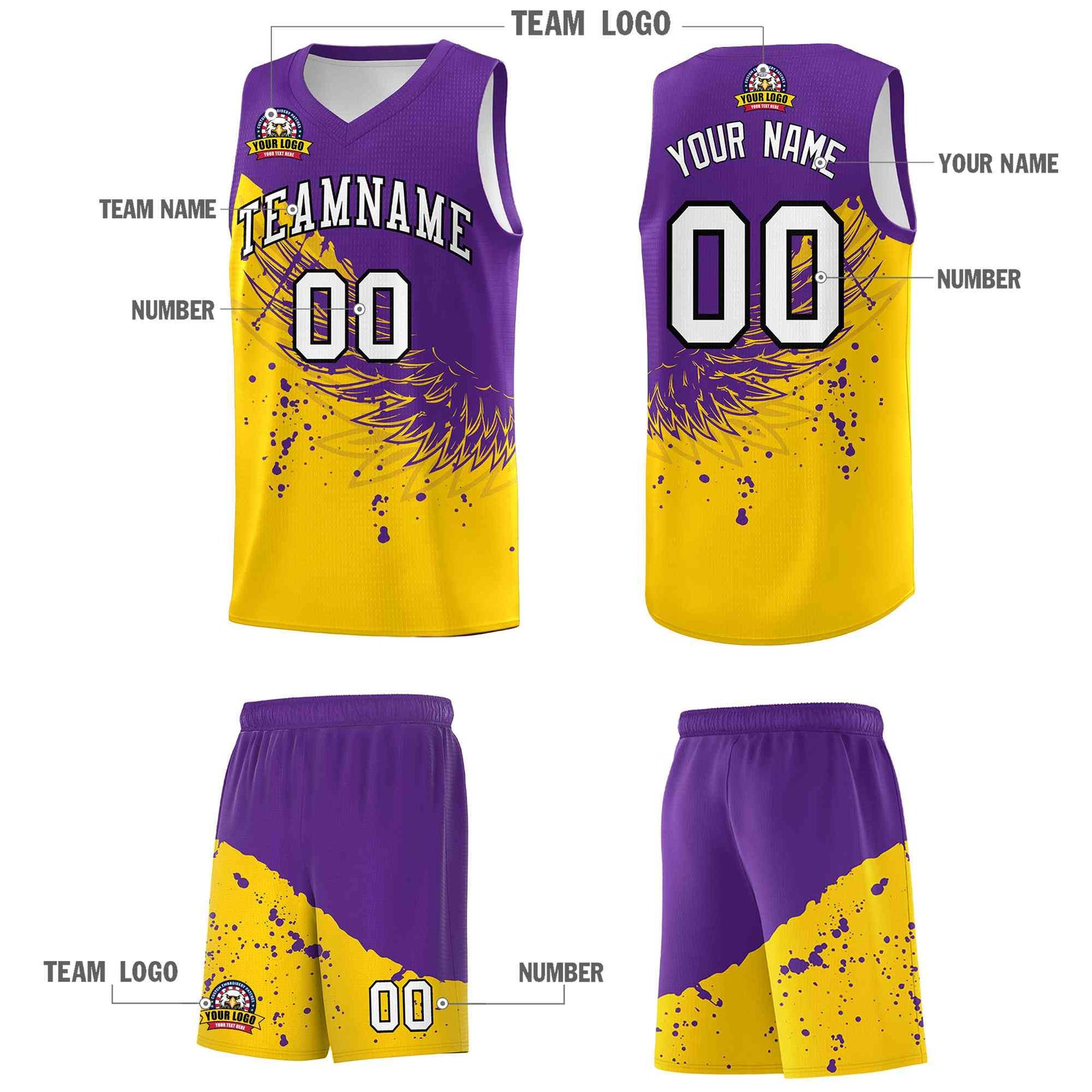 Custom Gold Purple Wing Pattern Sports Uniform Basketball Jersey