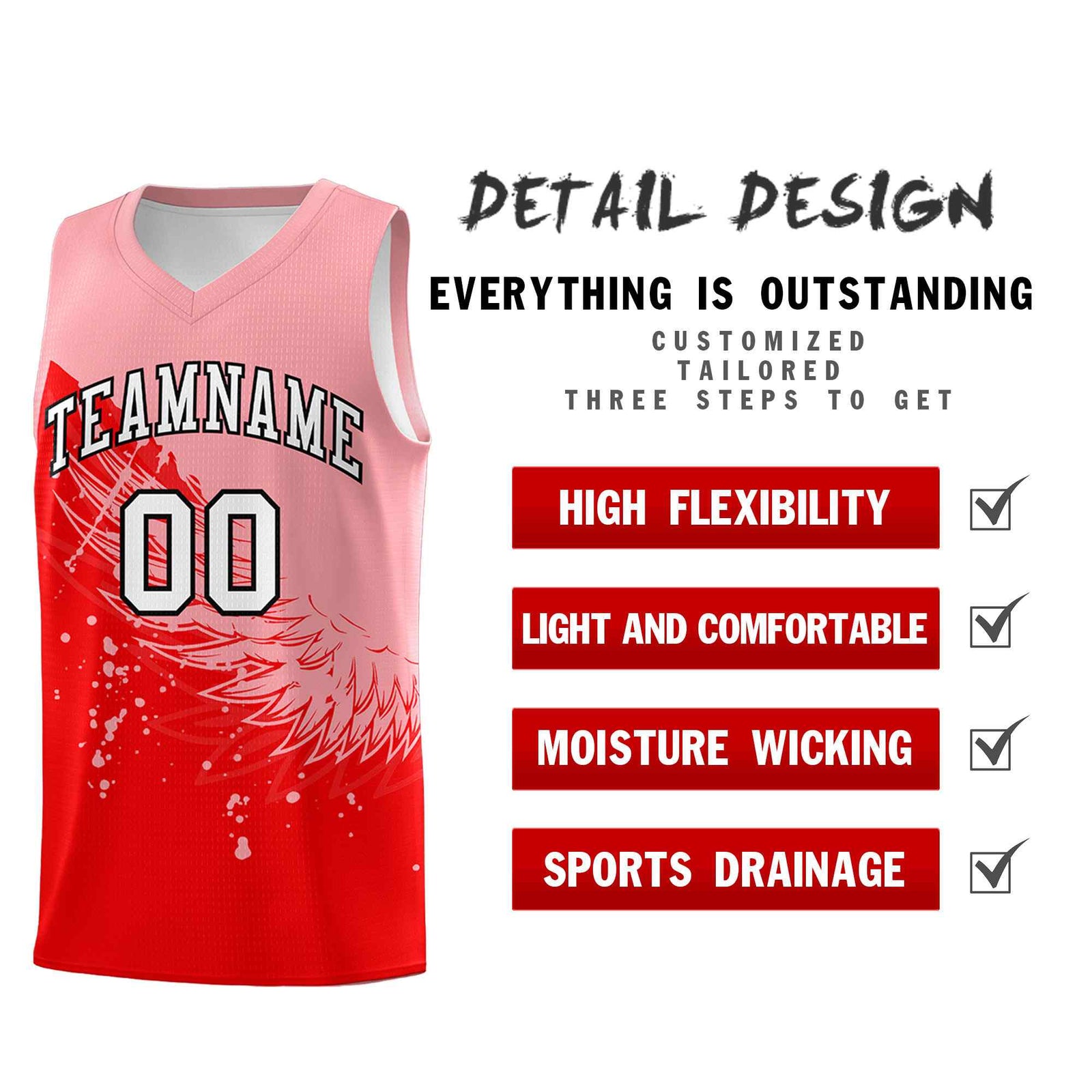 Custom Light Red Light Pink Wing Pattern Sports Uniform Basketball Jersey