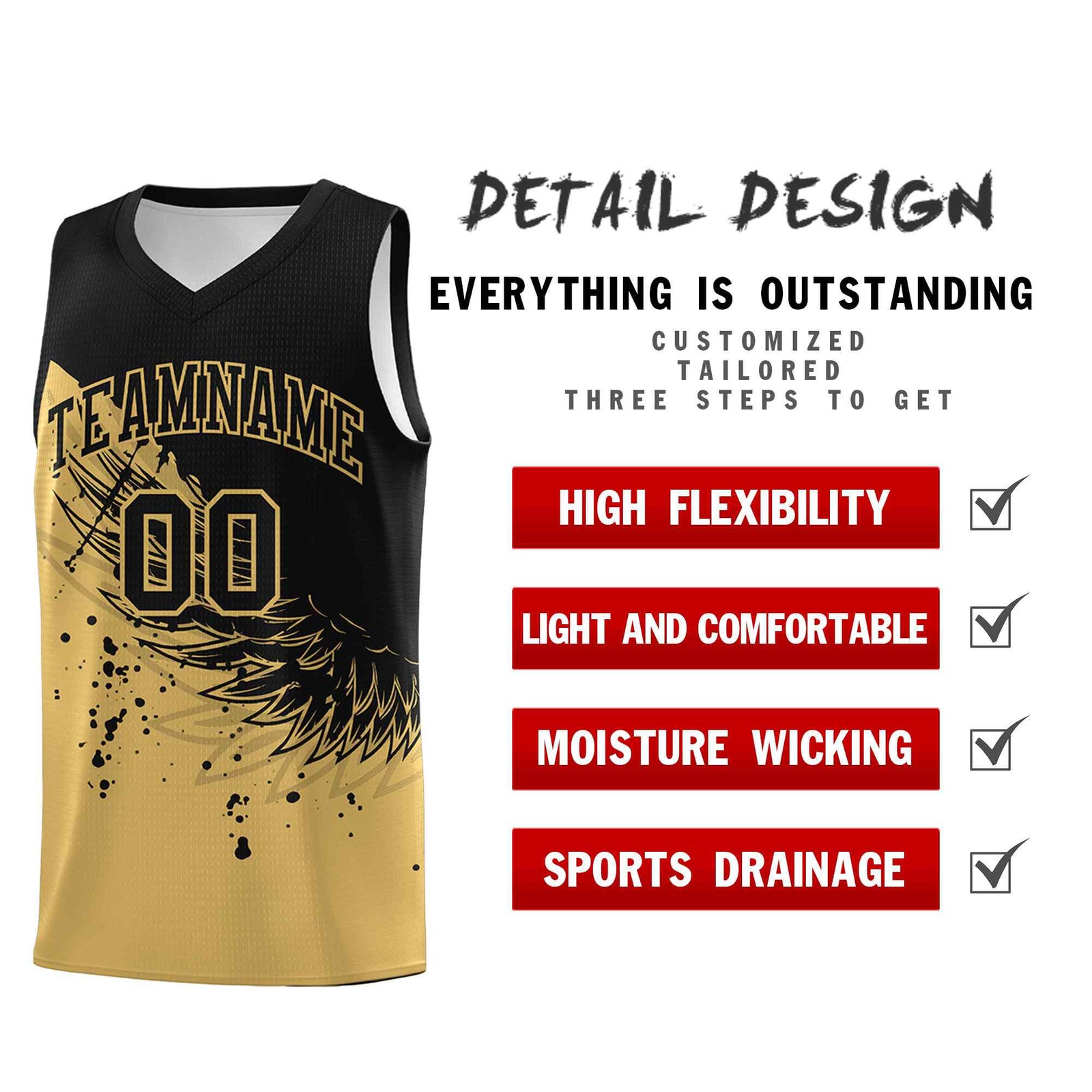 Custom Old Gold Black Wing Pattern Sports Uniform Basketball Jersey