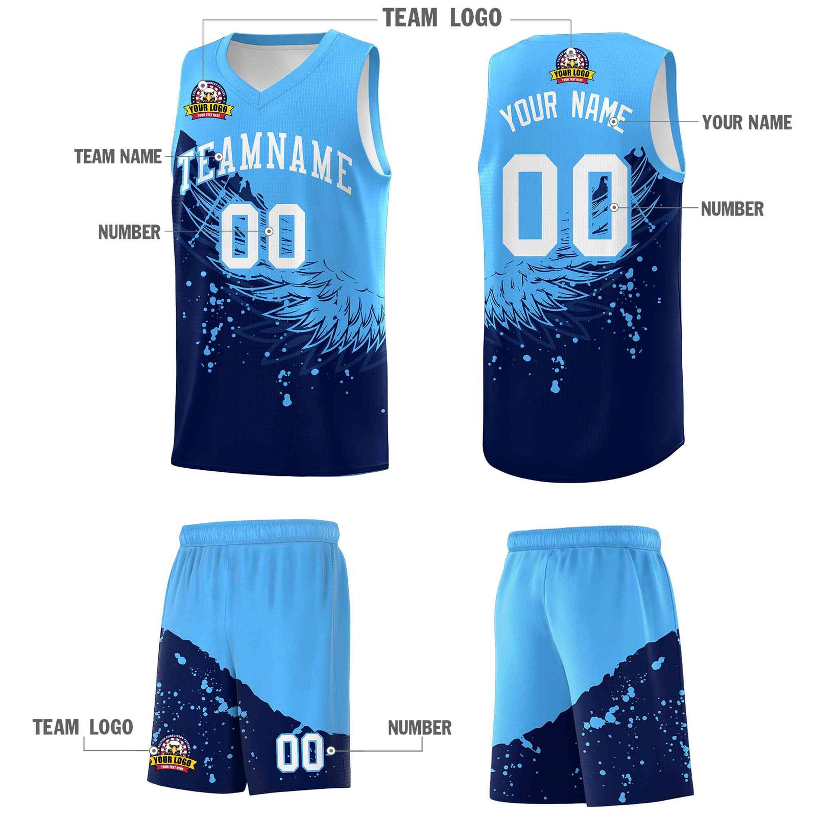 Custom Navy Powder Blue Wing Pattern Sports Uniform Basketball Jersey