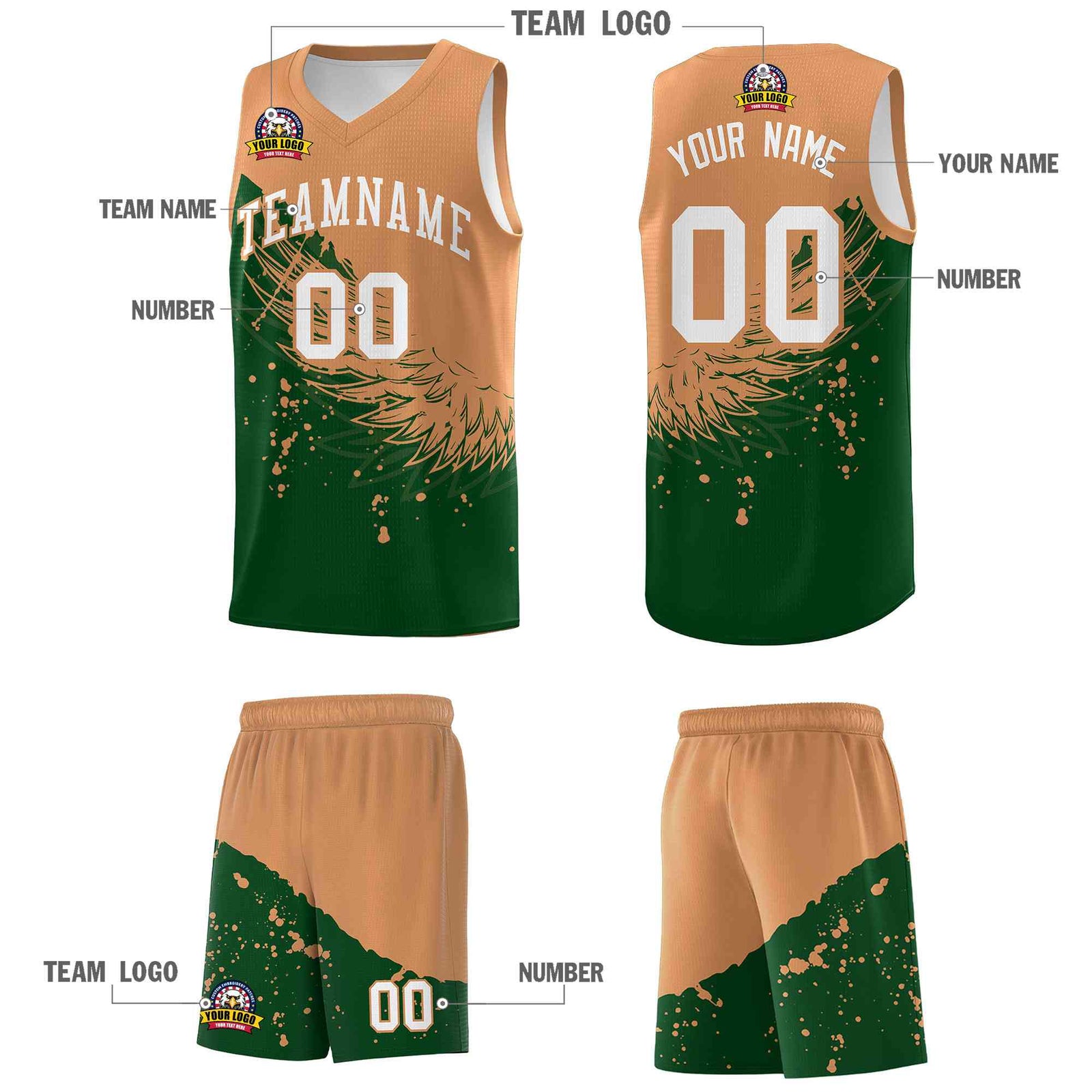 Custom Green Buckskin Brown Wing Pattern Sports Uniform Basketball Jersey