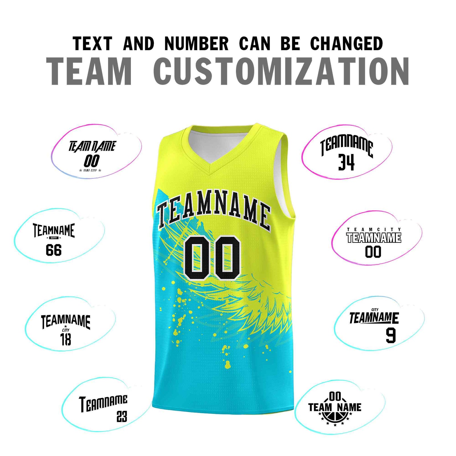 Custom Sky Blue Fluorescent Green Wing Pattern Sports Uniform Basketball Jersey