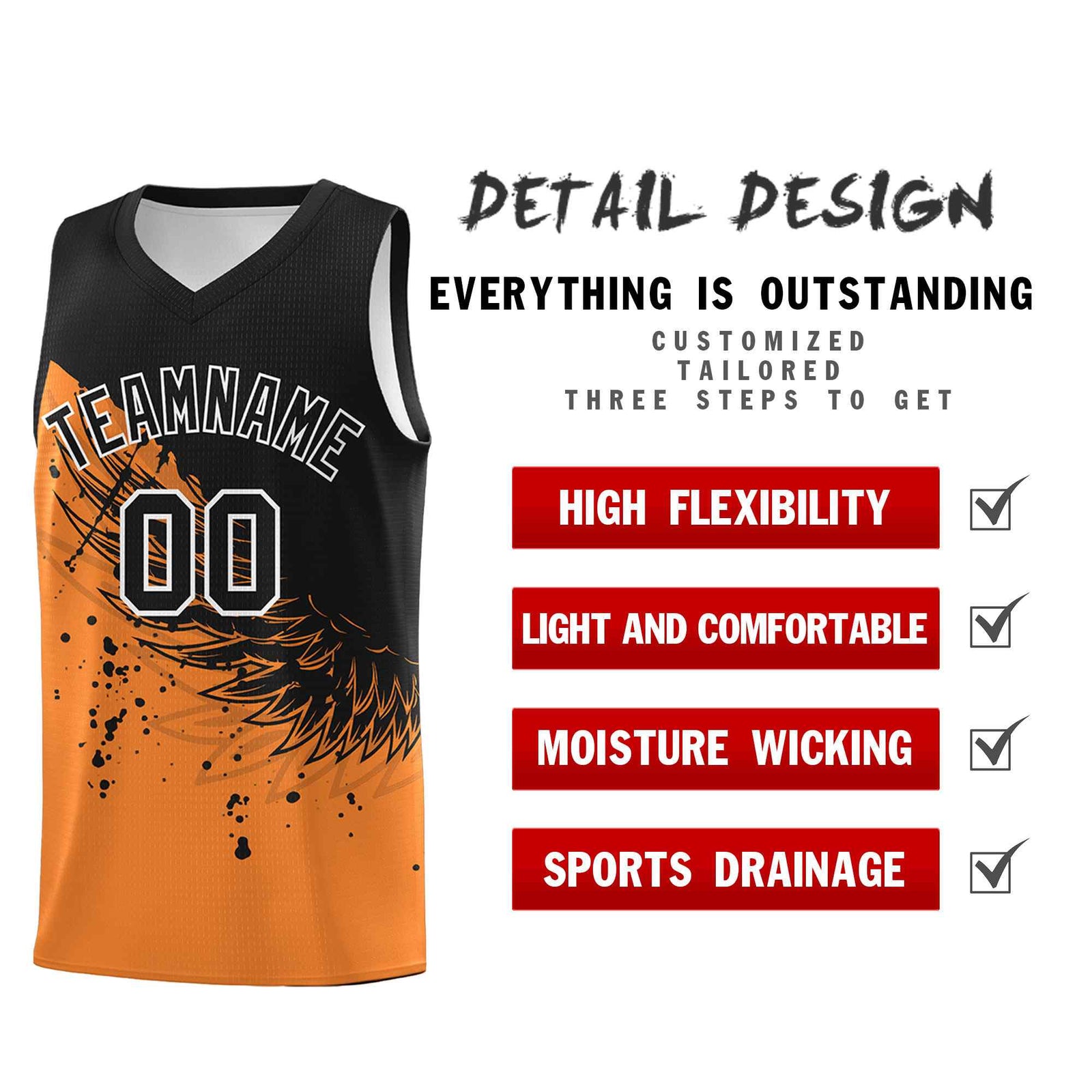Custom Gold Orange Black Wing Pattern Sports Uniform Basketball Jersey