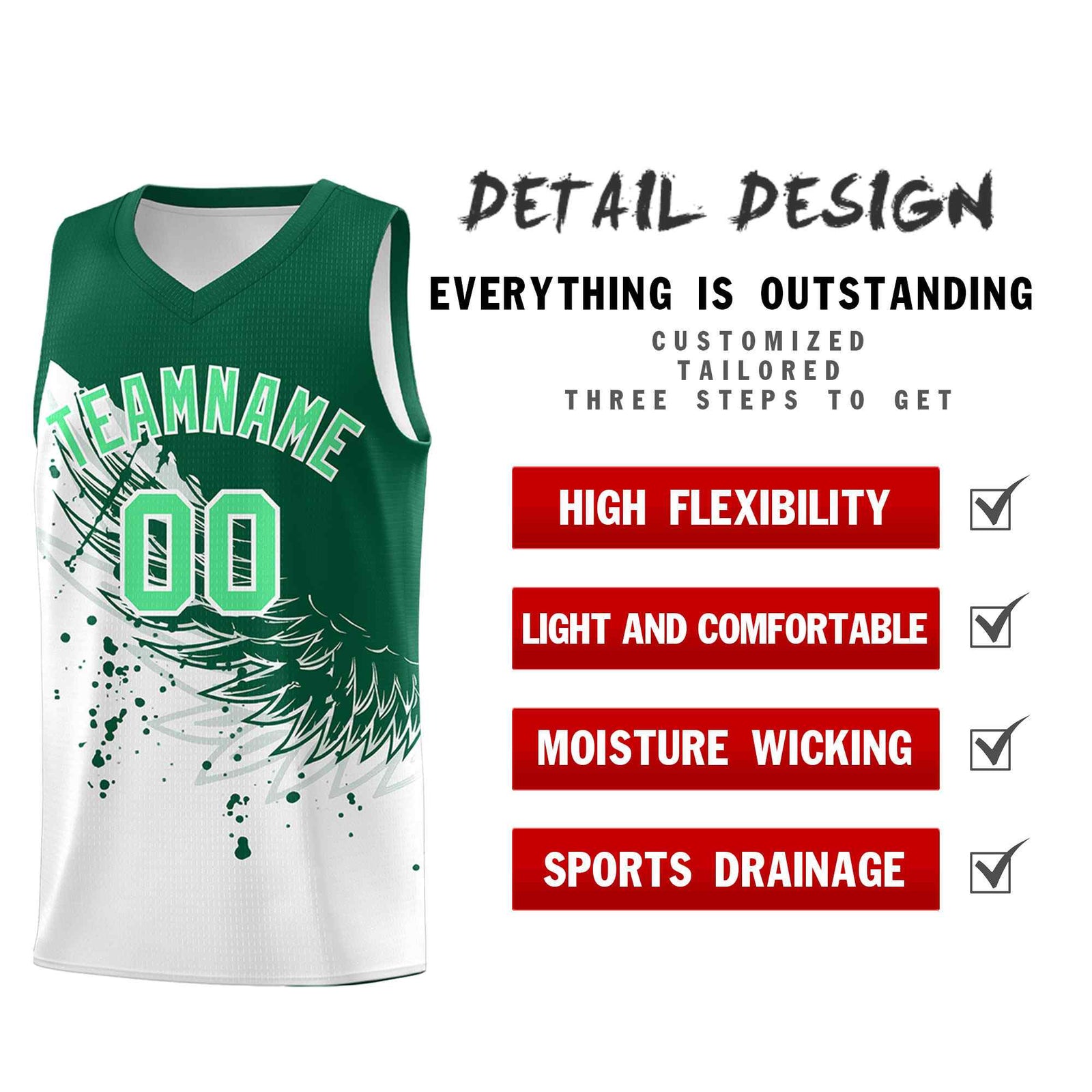 Custom White Kelly Green Wing Pattern Sports Uniform Basketball Jersey