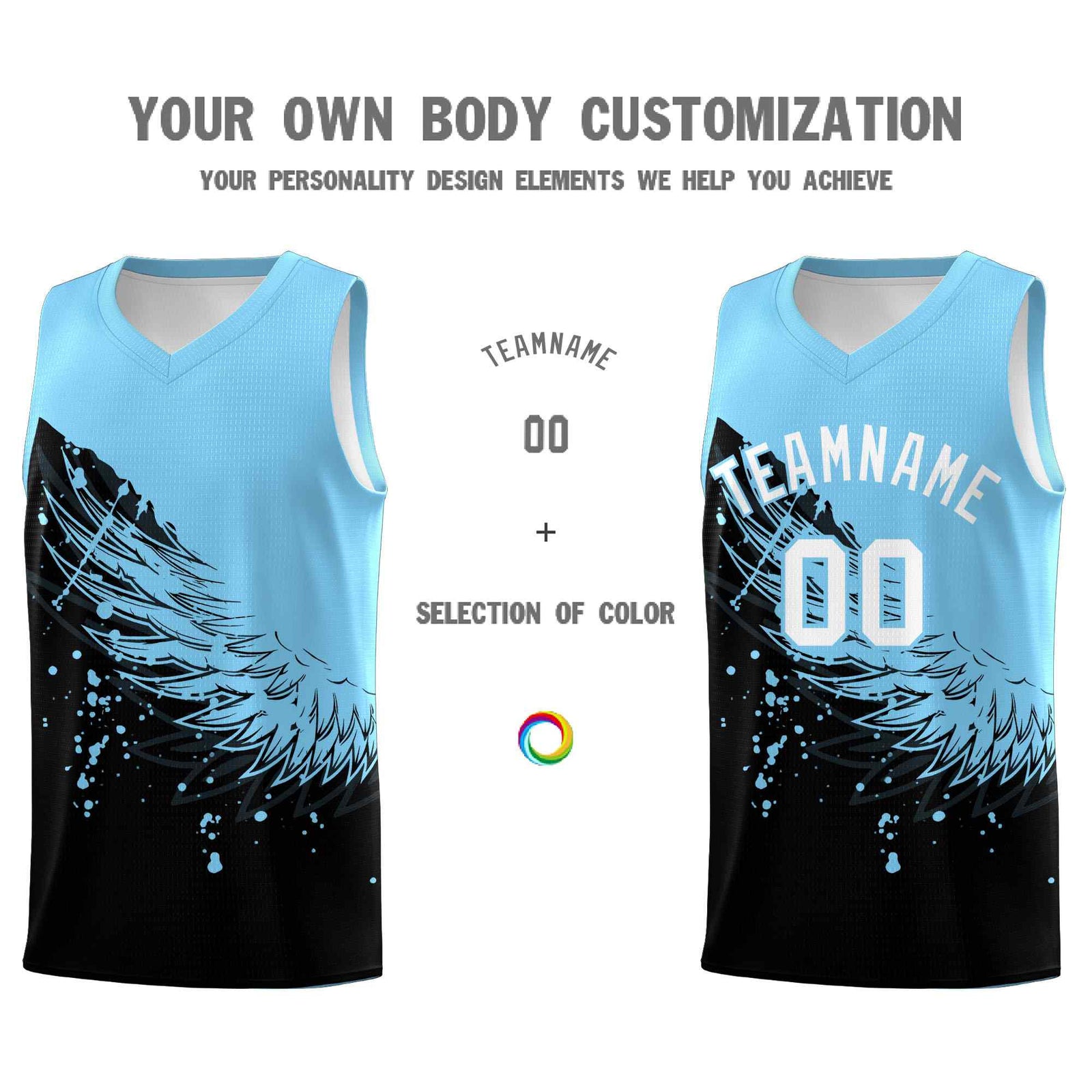 Custom Black Light Blue Wing Pattern Sports Uniform Basketball Jersey
