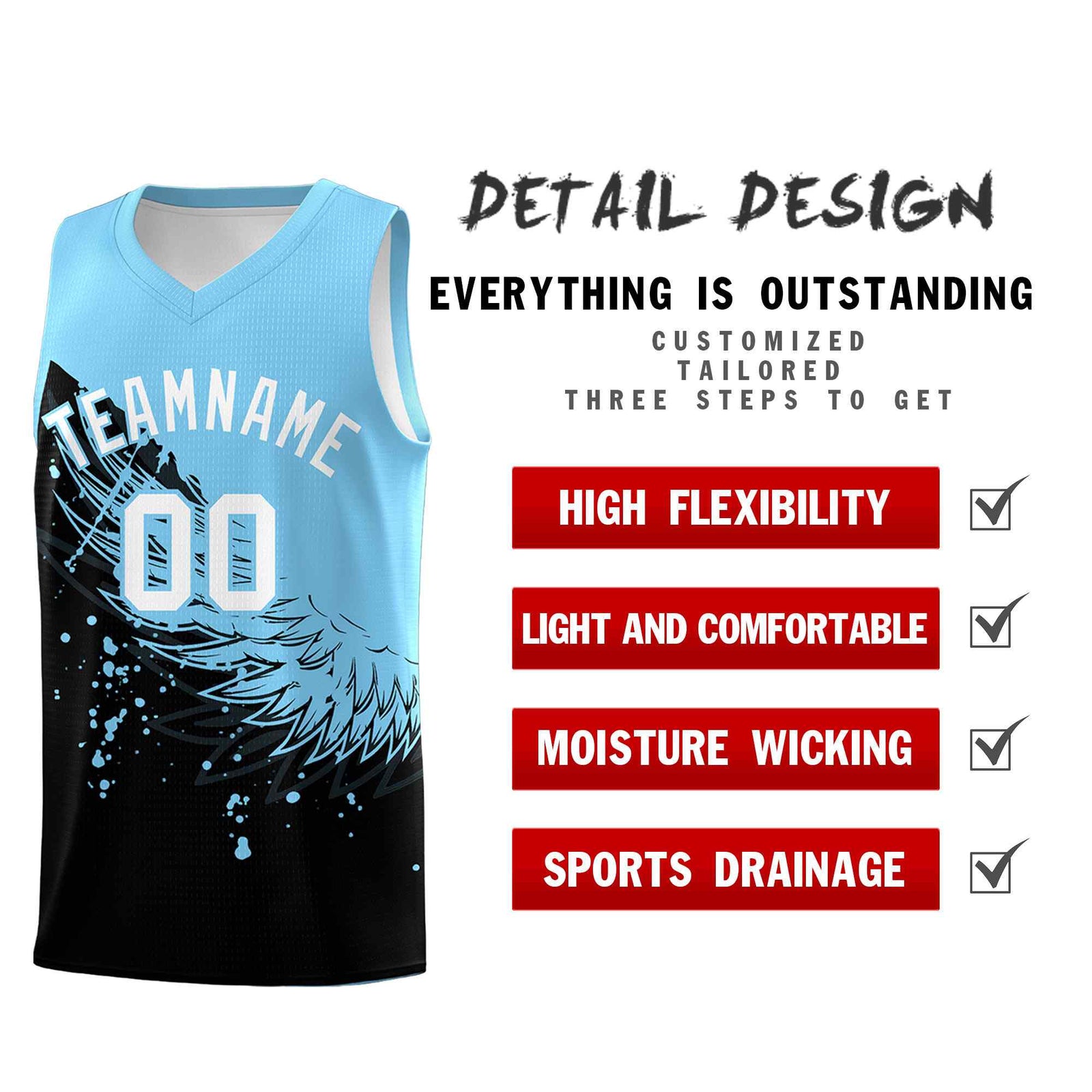Custom Black Light Blue Wing Pattern Sports Uniform Basketball Jersey