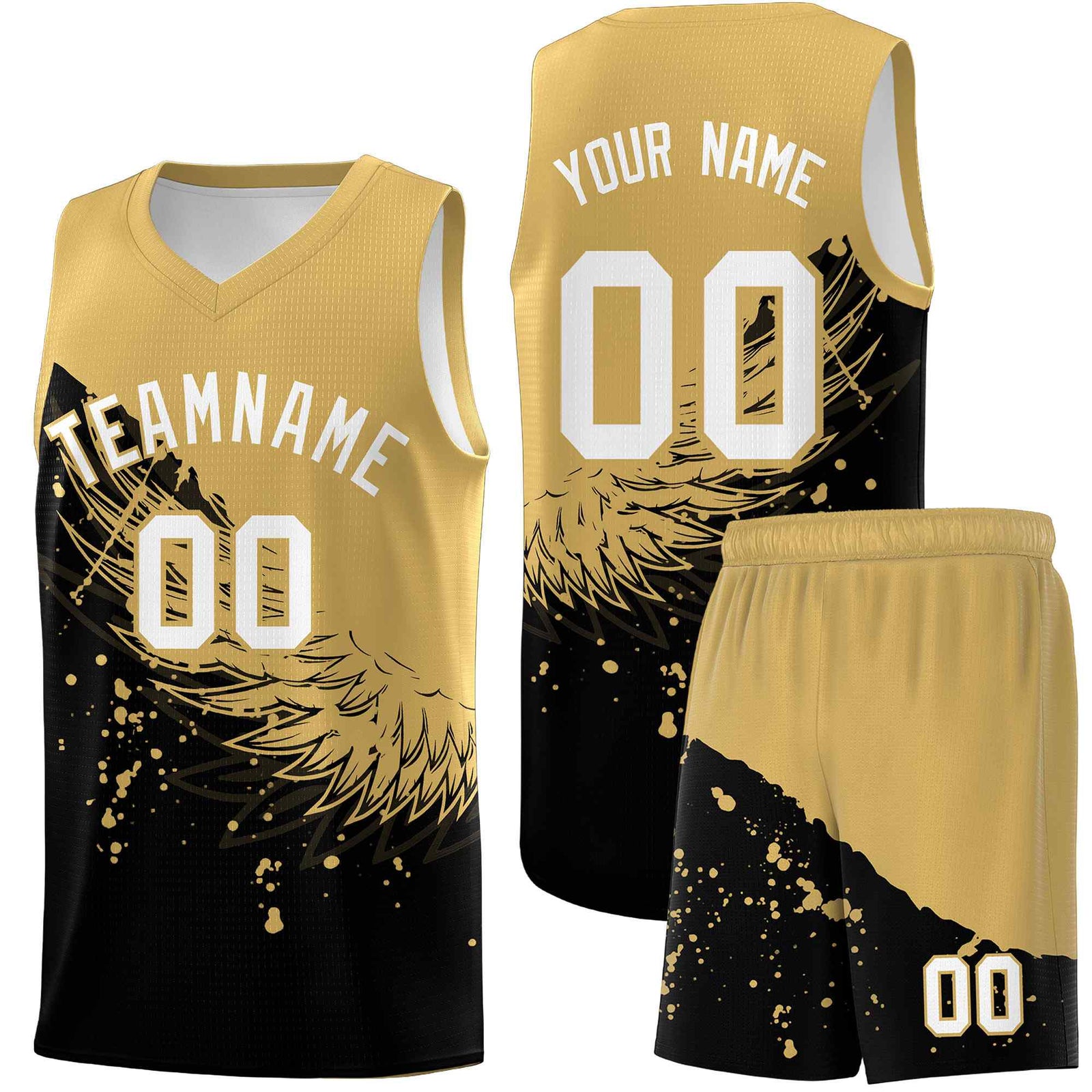 Custom Black Old Gold Wing Pattern Sports Uniform Basketball Jersey