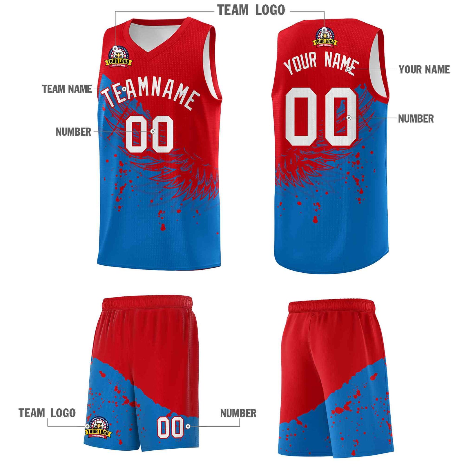 Custom Royal Red Wing Pattern Sports Uniform Basketball Jersey