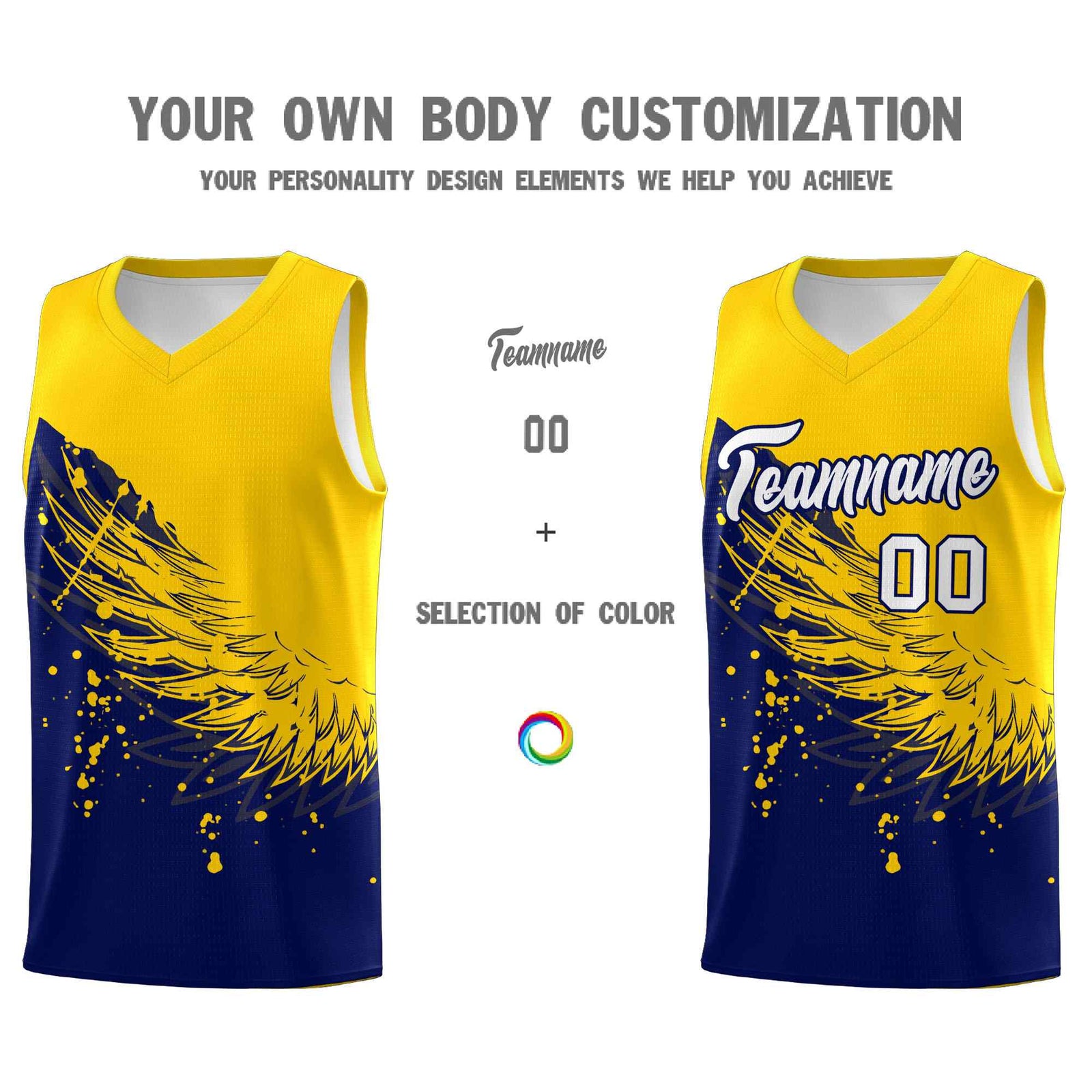 Custom Navy Gold Wing Pattern Sports Uniform Basketball Jersey