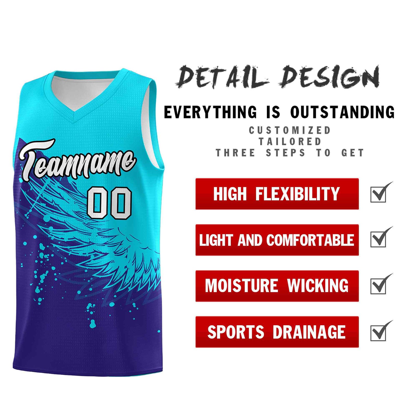 Custom Royal Sky Blue Wing Pattern Sports Uniform Basketball Jersey