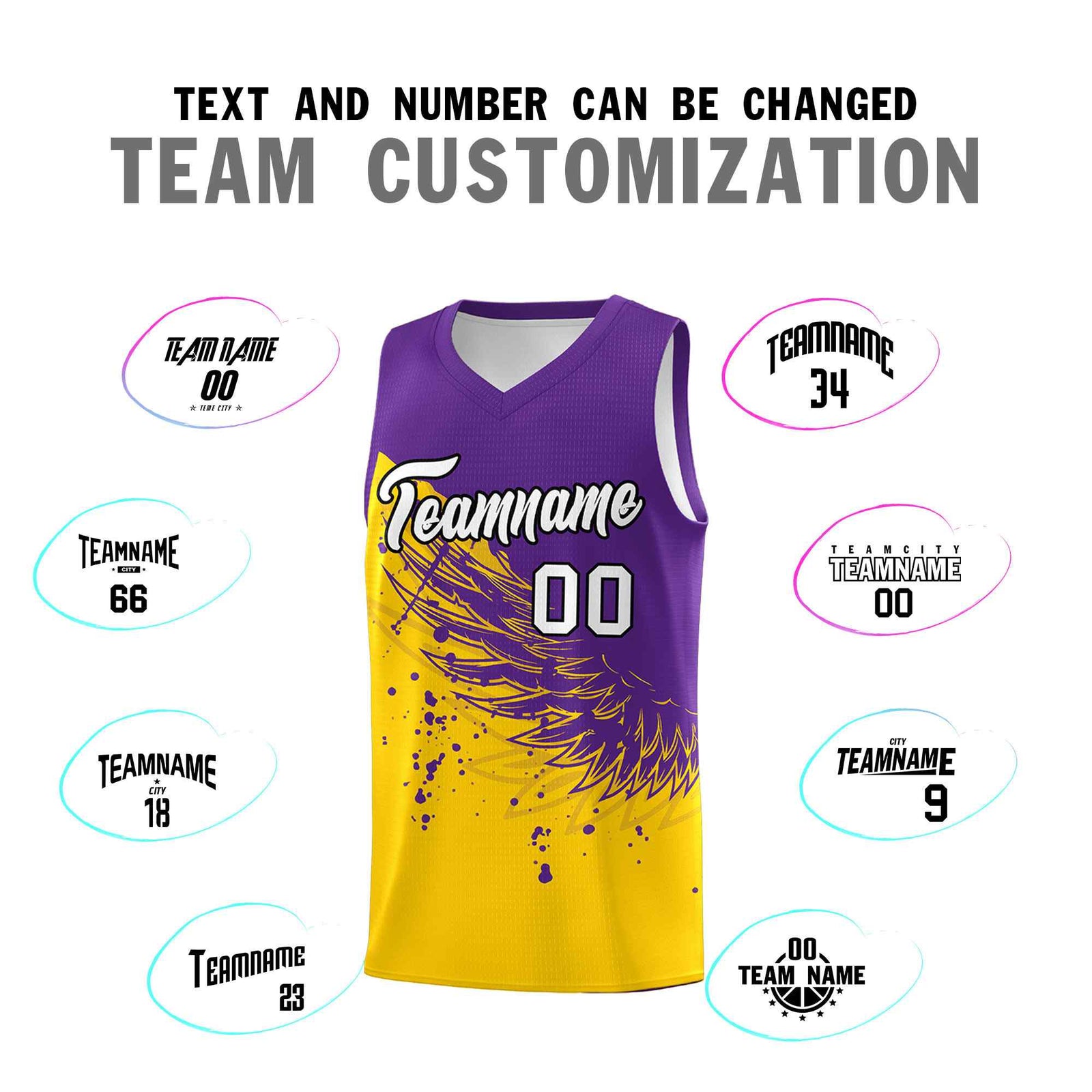 Custom Gold Purple Wing Pattern Sports Uniform Basketball Jersey