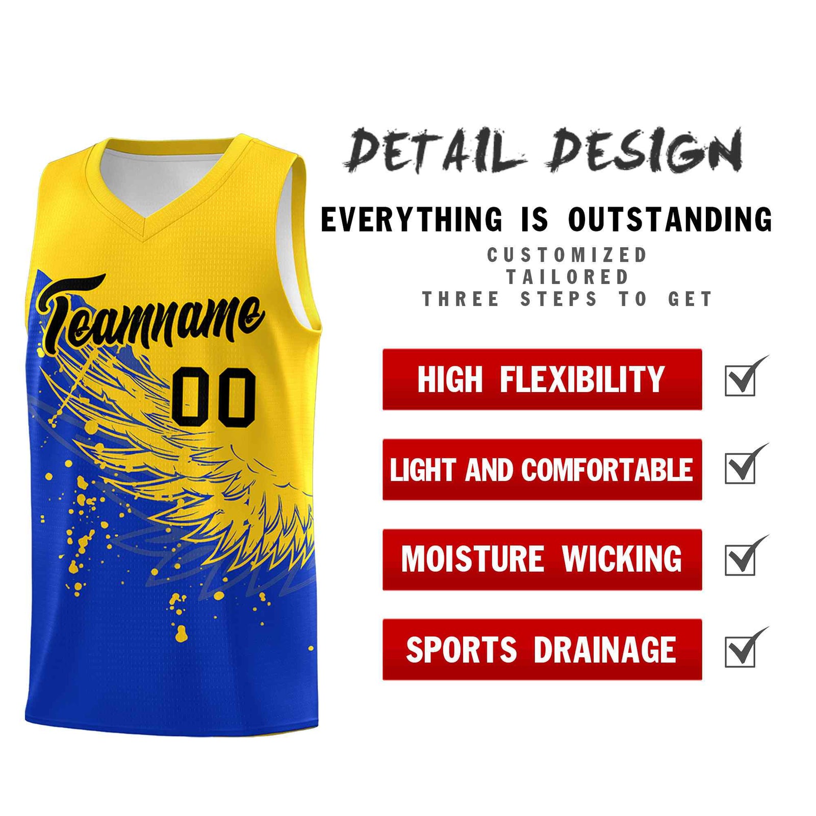 Custom Royal Gold Wing Pattern Sports Uniform Basketball Jersey